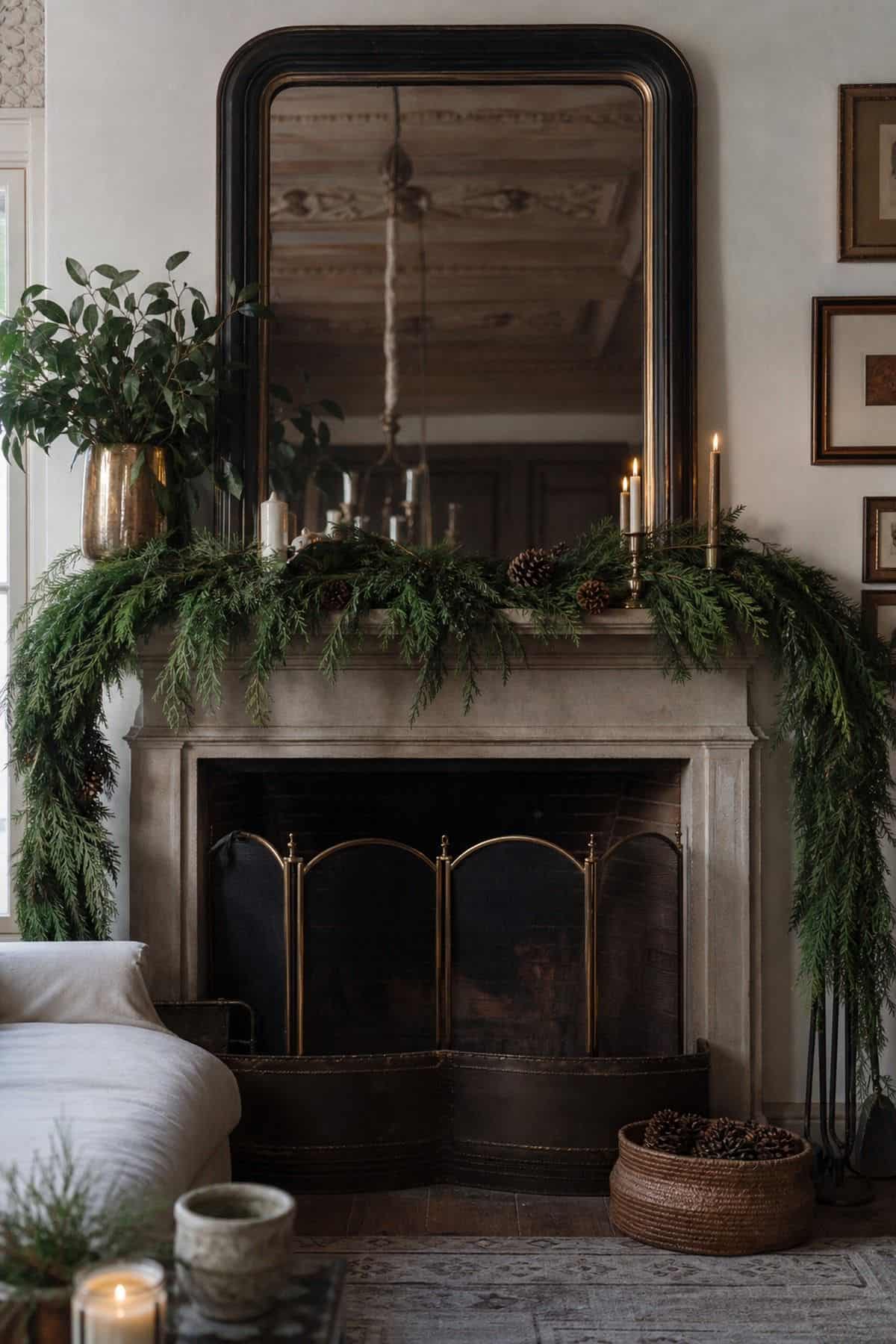 Christmas mantle decor with cedar garland first on a cozy fireplace.