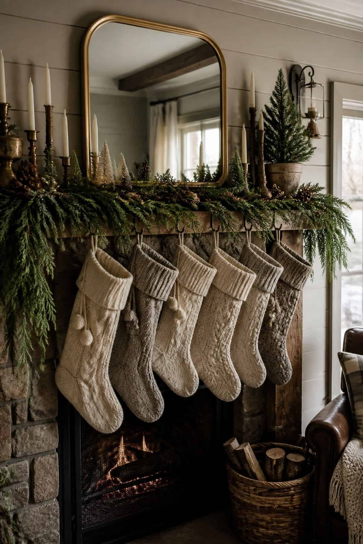 Christmas mantle decor with knit stockings in a row on a cozy fireplace.