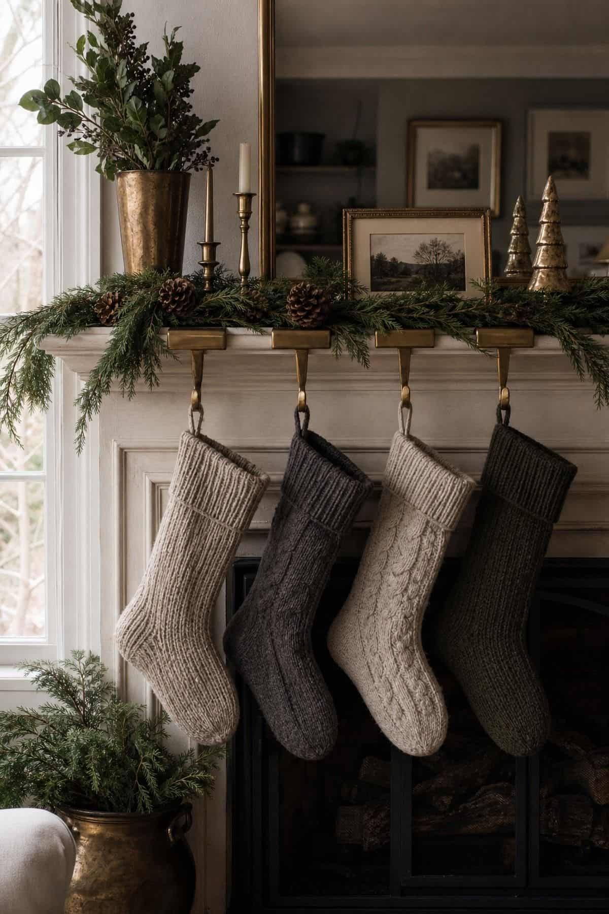 Christmas mantle decor with brass stocking holders on a cozy fireplace.