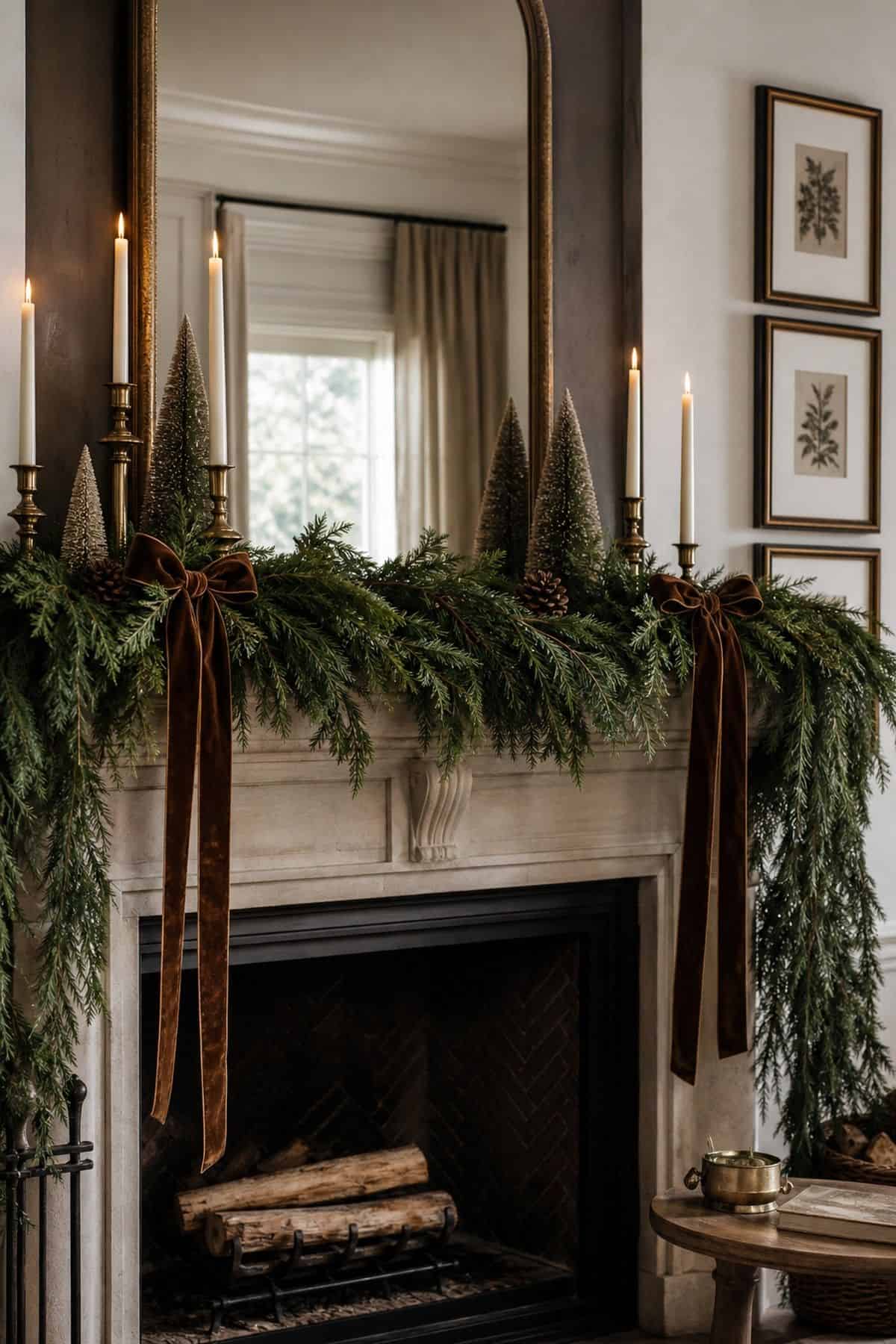 Christmas mantle decor with velvet ribbon tails on a cozy fireplace.