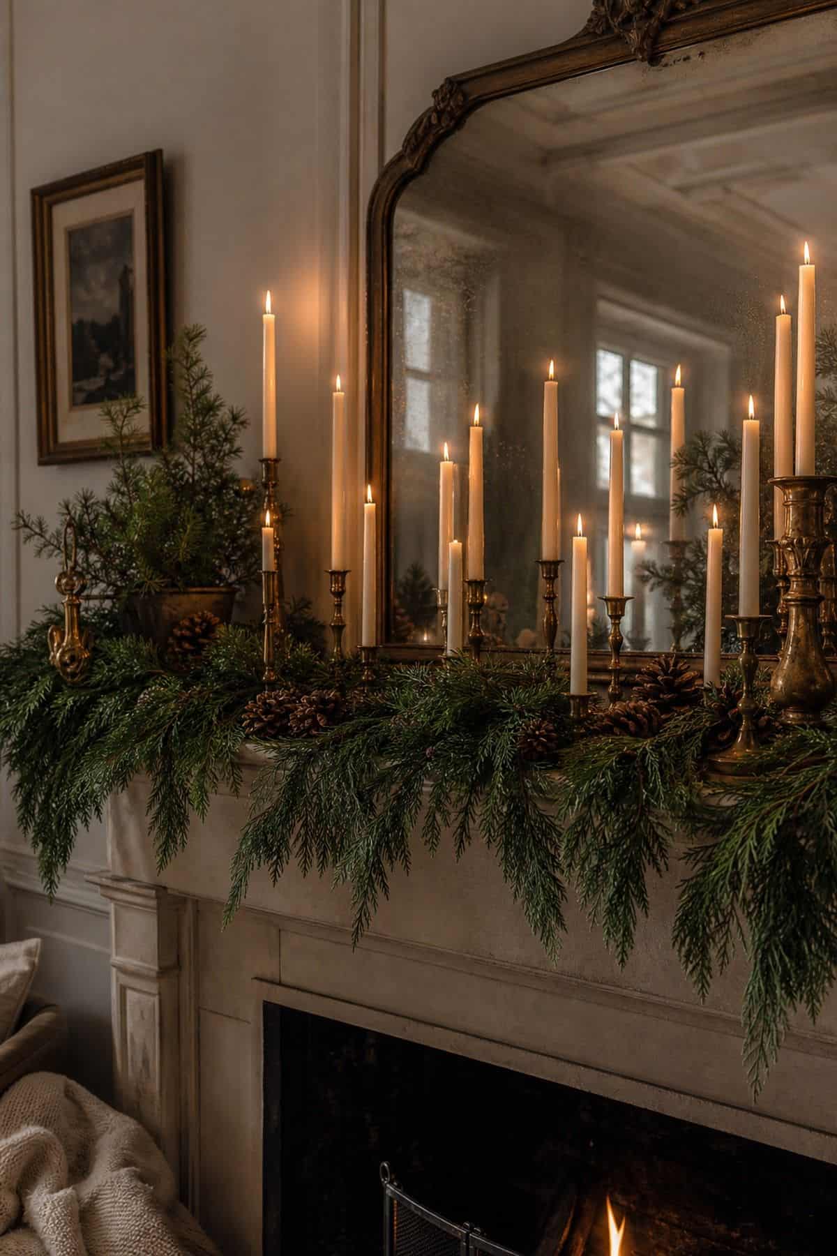 Christmas mantle decor with taper candle glow on a cozy fireplace.