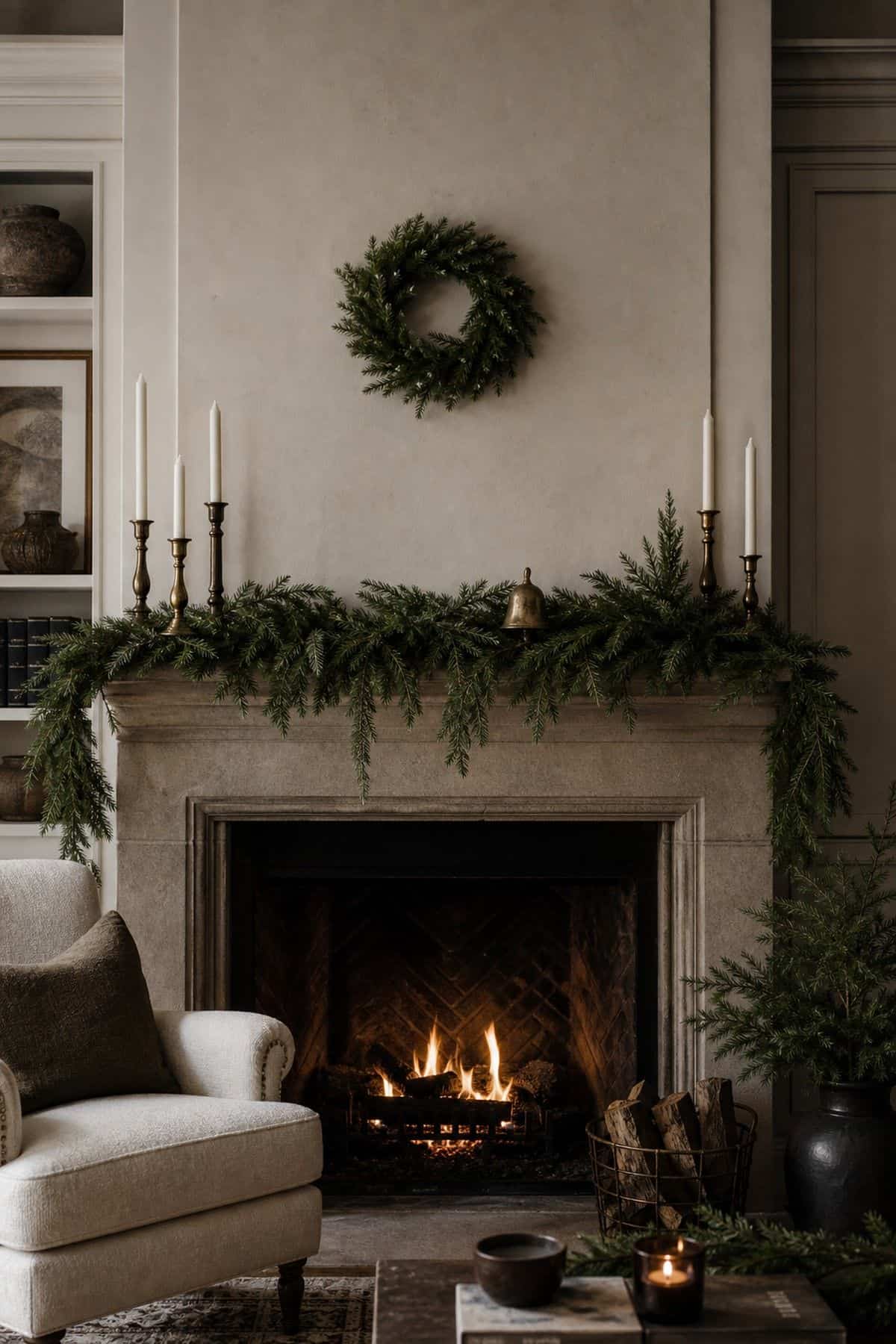 Christmas mantle decor with mini wreath above on a cozy fireplace.