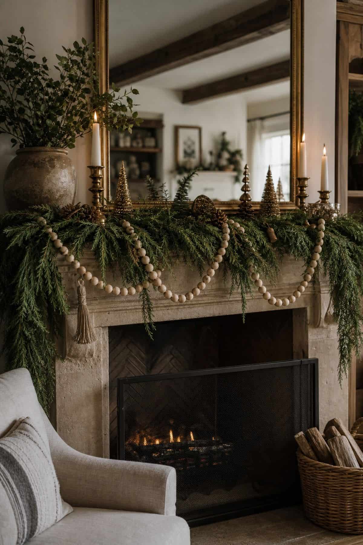 Christmas mantle decor with wood bead garland on a cozy fireplace.