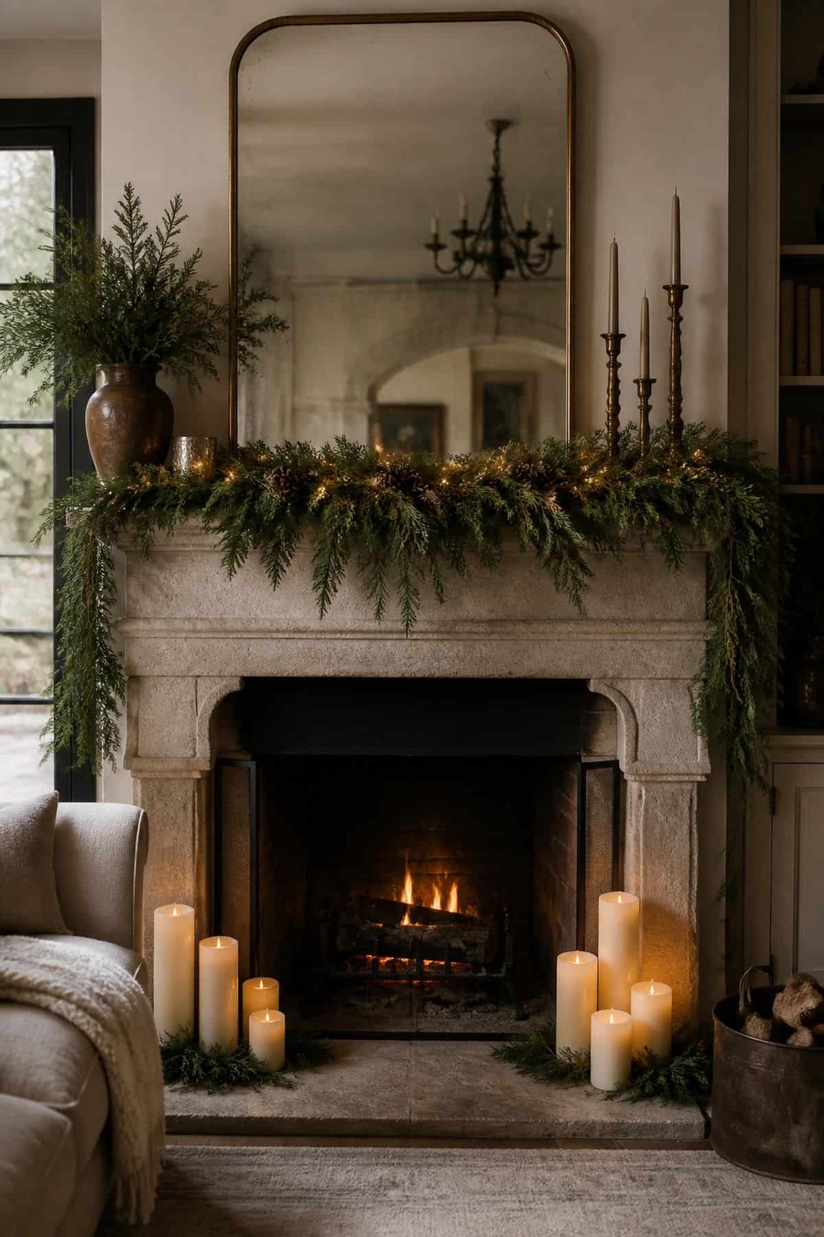 Christmas mantle decor with battery pillars on the hearth on a cozy fireplace.