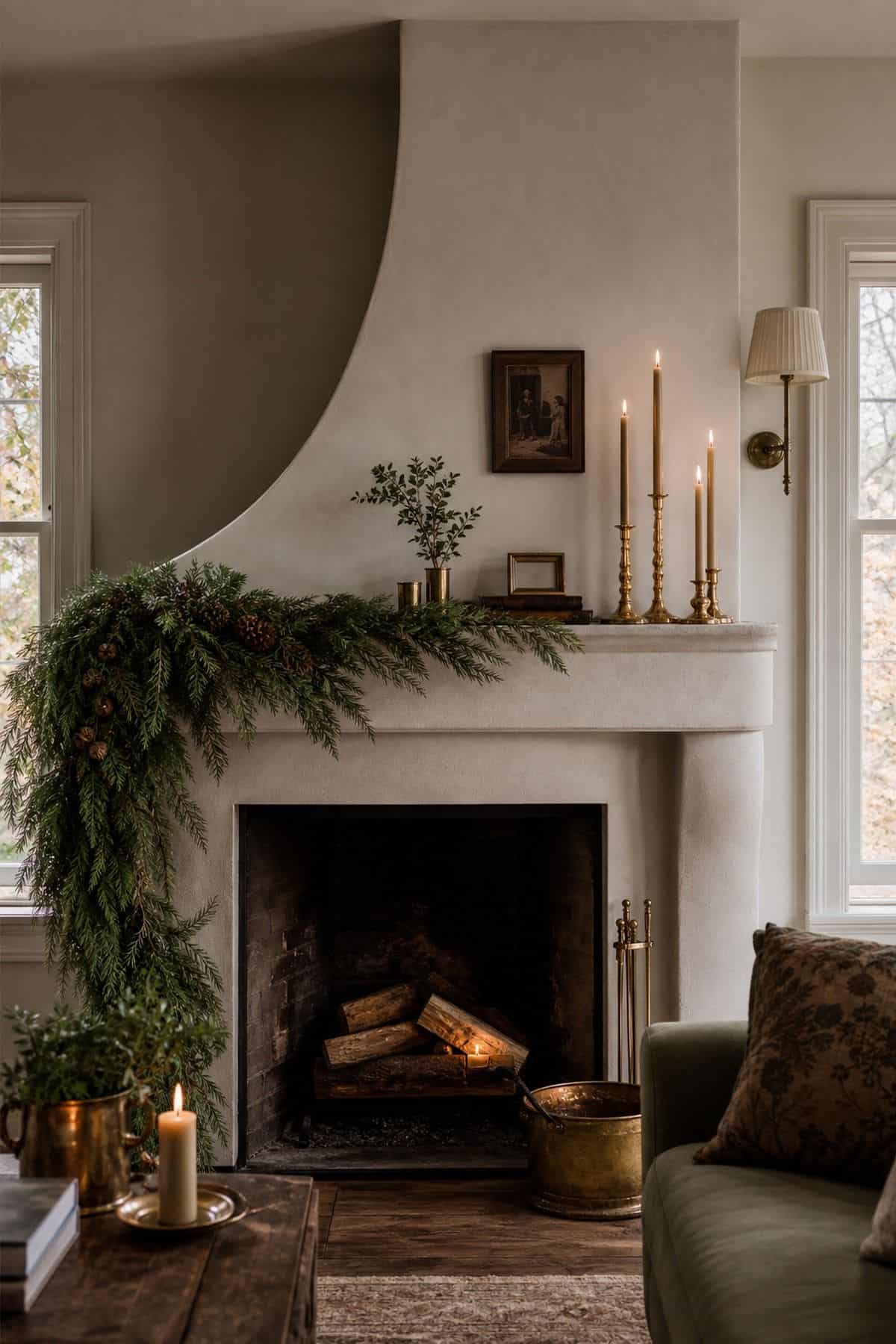 Christmas mantle decor with asymmetrical mantel shape on a cozy fireplace.
