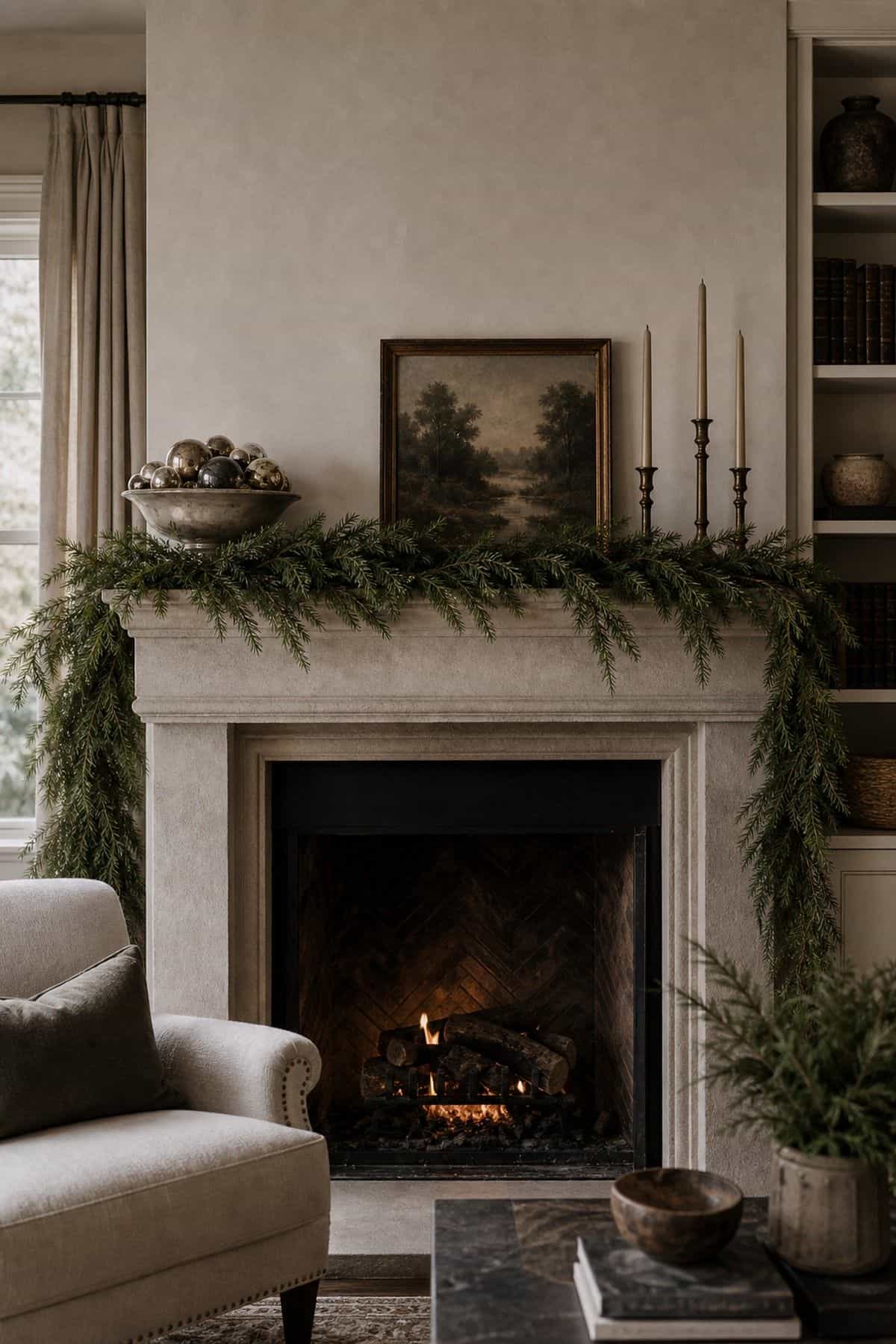 Christmas mantle decor with ornament bowl on one end on a cozy fireplace.
