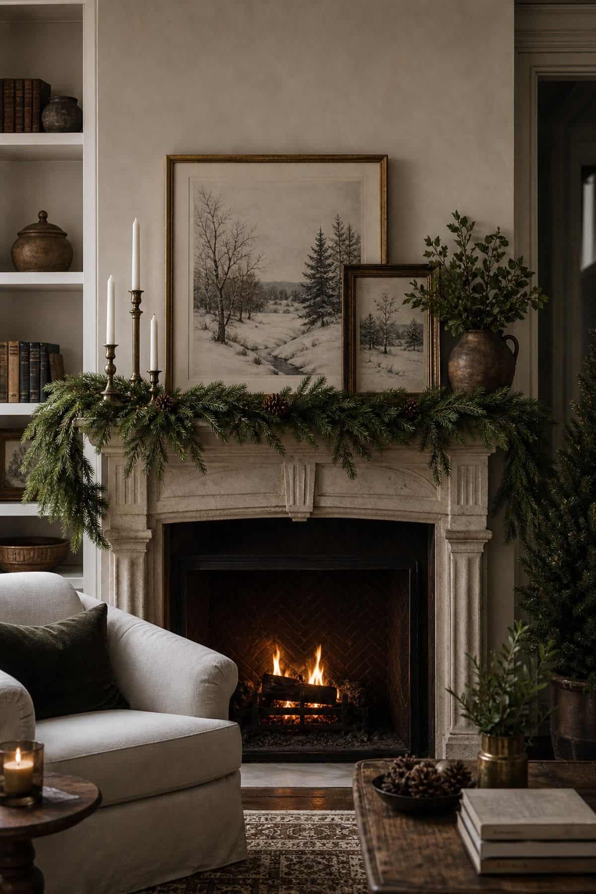 Christmas mantle decor with framed winter art on a cozy fireplace.