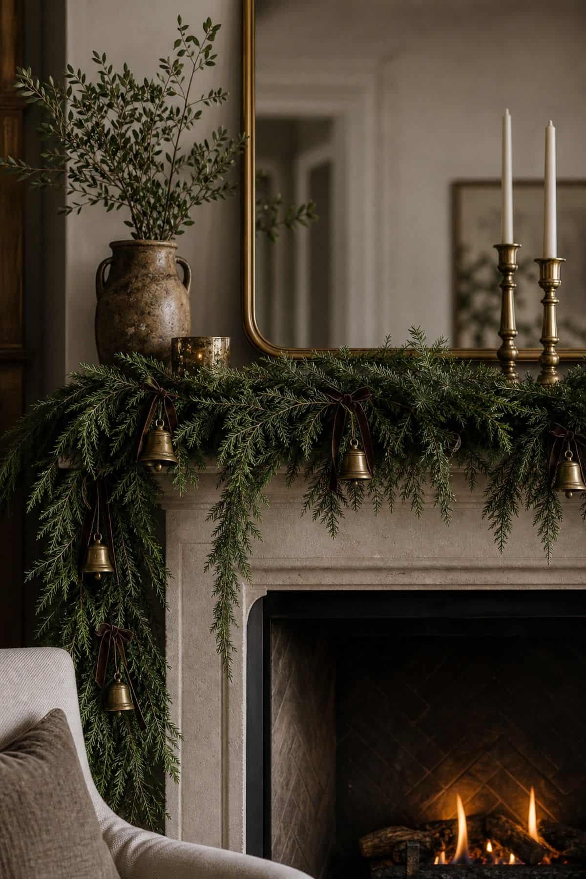 Christmas mantle decor with bells tied to garland on a cozy fireplace.