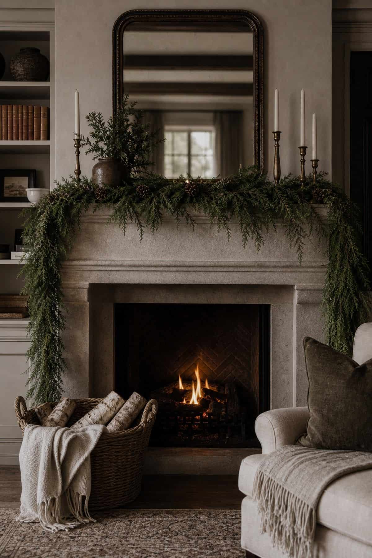 Christmas mantle decor with hearth basket below on a cozy fireplace.