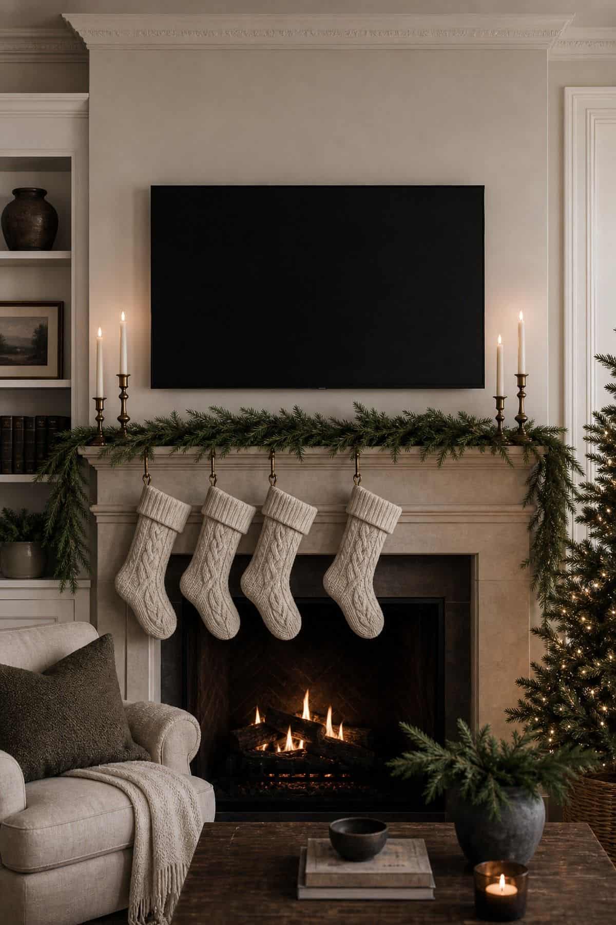 Christmas mantle decor with tv mantel edit on a cozy fireplace.