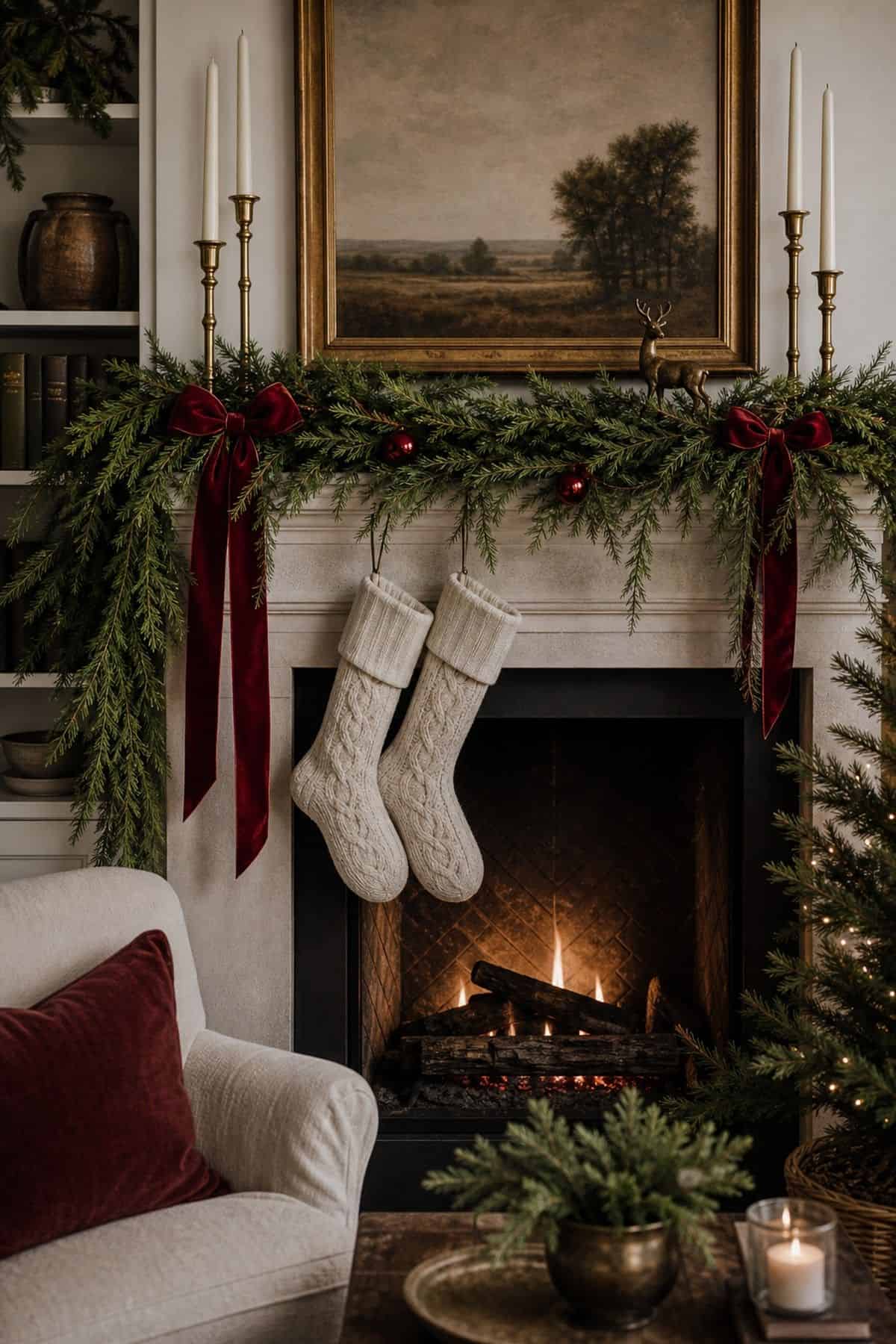 Christmas mantle decor with classic red detail on a cozy fireplace.