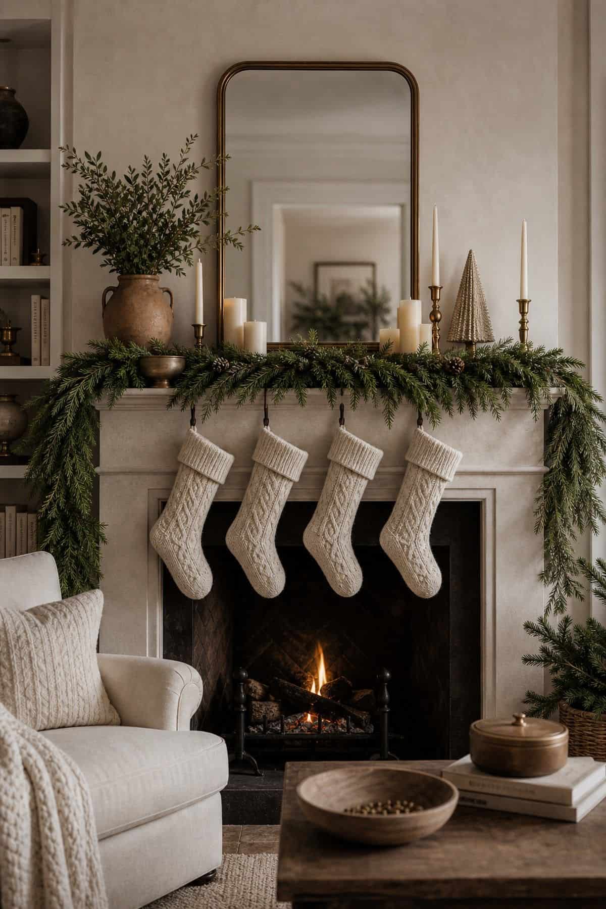 Christmas mantle decor with neutral christmas mantel on a cozy fireplace.