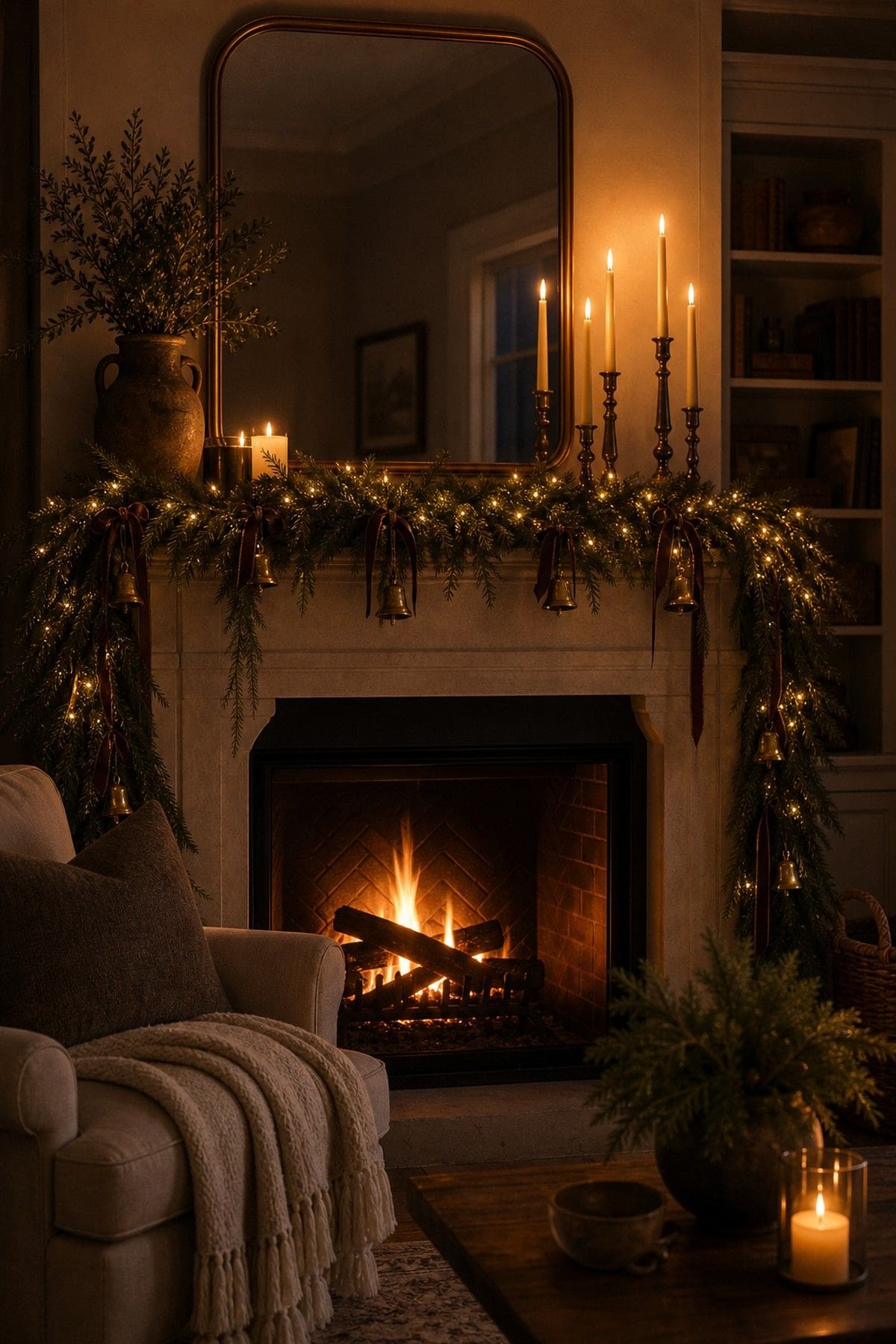 Christmas mantle decor with nighttime glow test on a cozy fireplace.