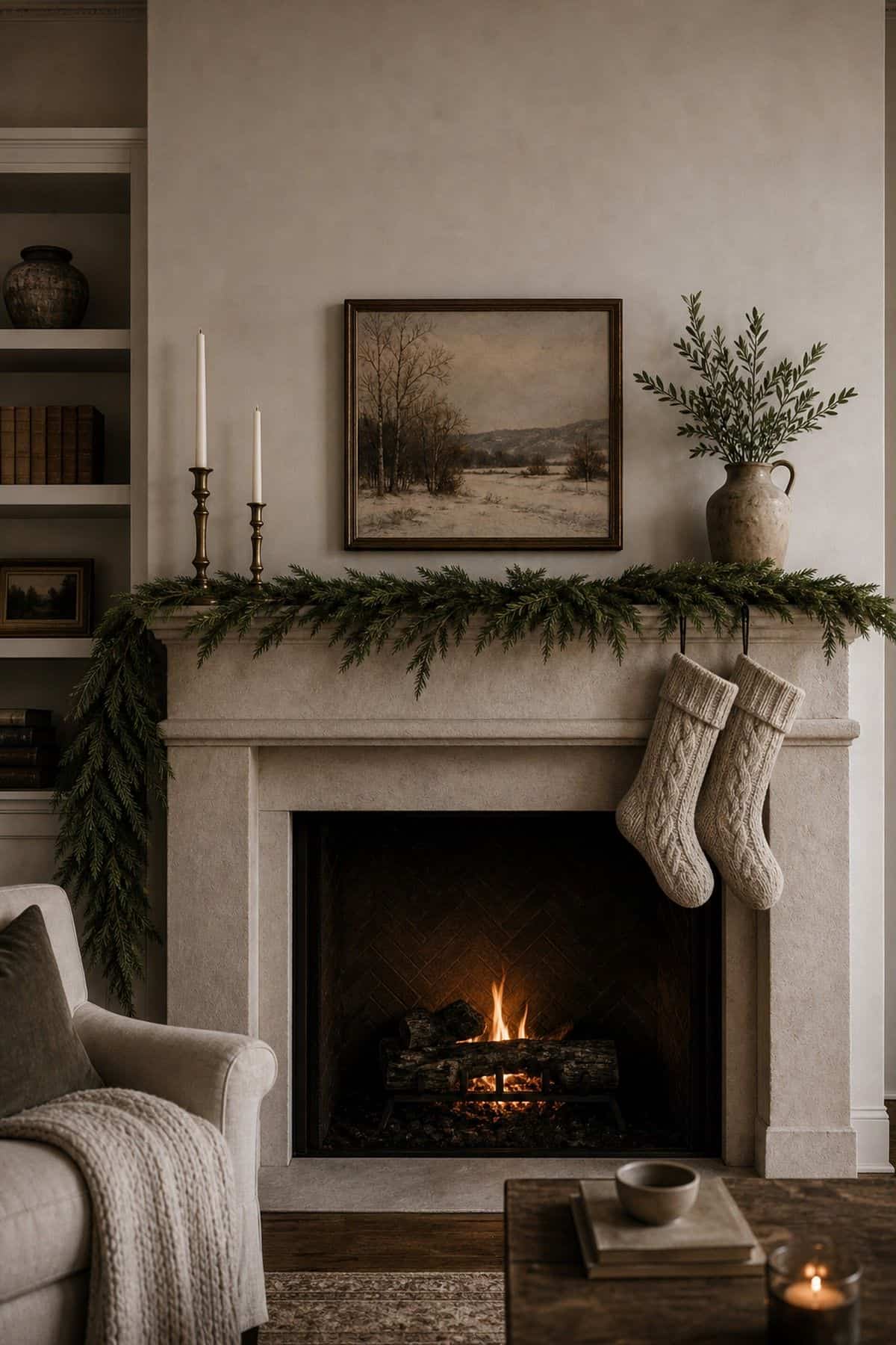 Christmas mantle decor with mantle that still breathes on a cozy fireplace.