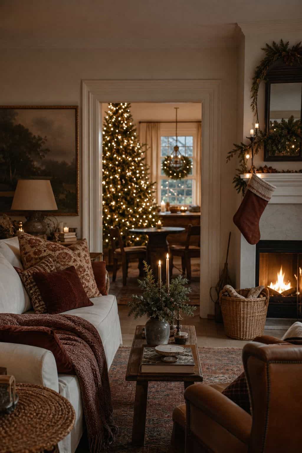 Cozy Christmas decor idea with warm white lights everywhere in a warm holiday home.