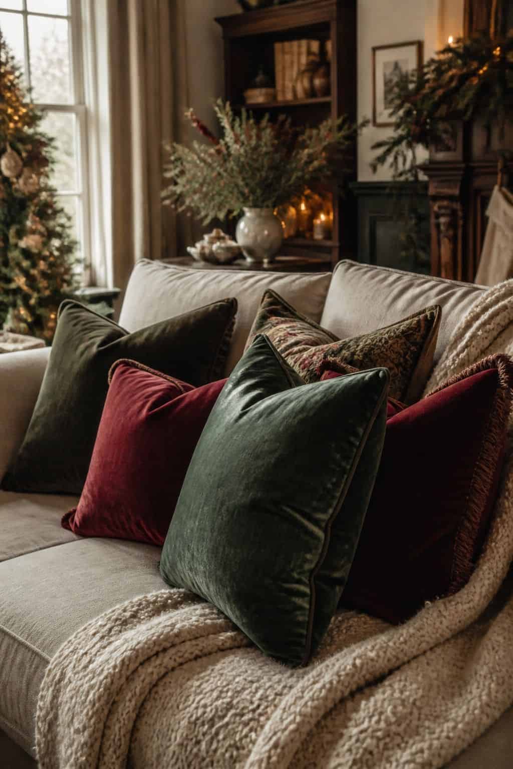 Cozy Christmas decor idea with velvet pillow covers in a warm holiday home.