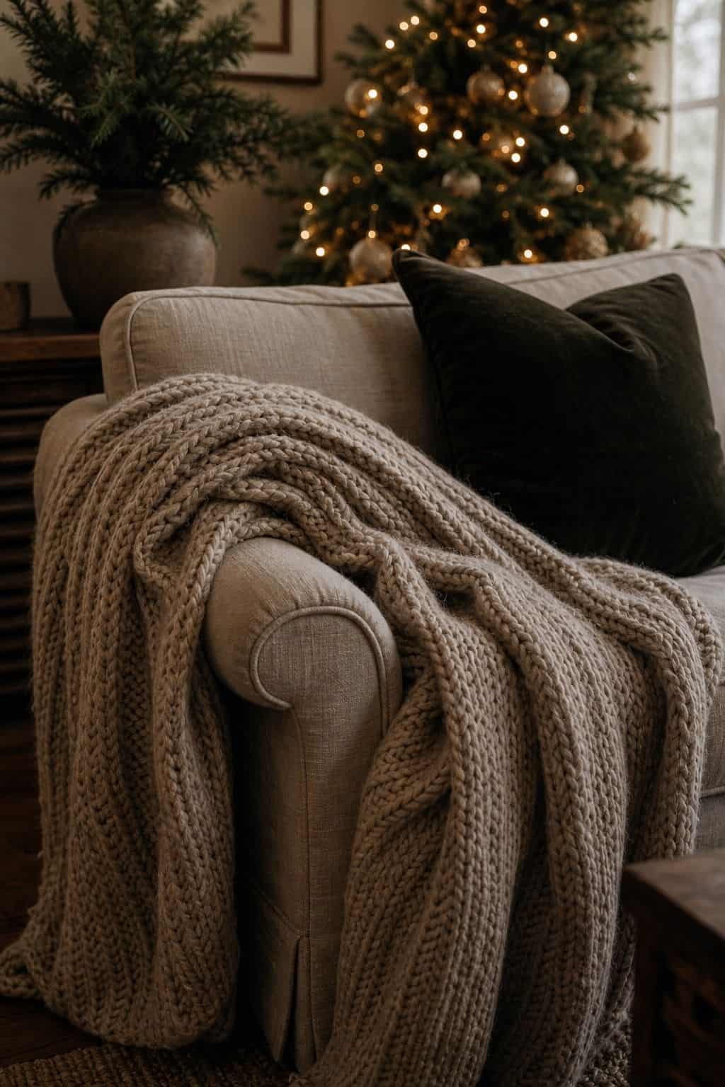 Cozy Christmas decor idea with chunky throw blanket in a warm holiday home.