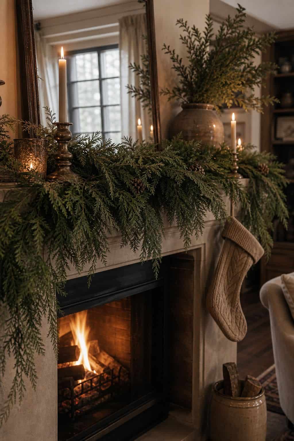 Cozy Christmas decor idea with cedar garland on the mantel in a warm holiday home.