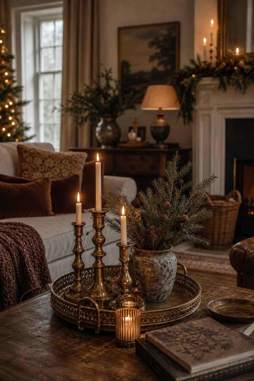 Cozy Christmas decor idea with brass candlelight in a warm holiday home.