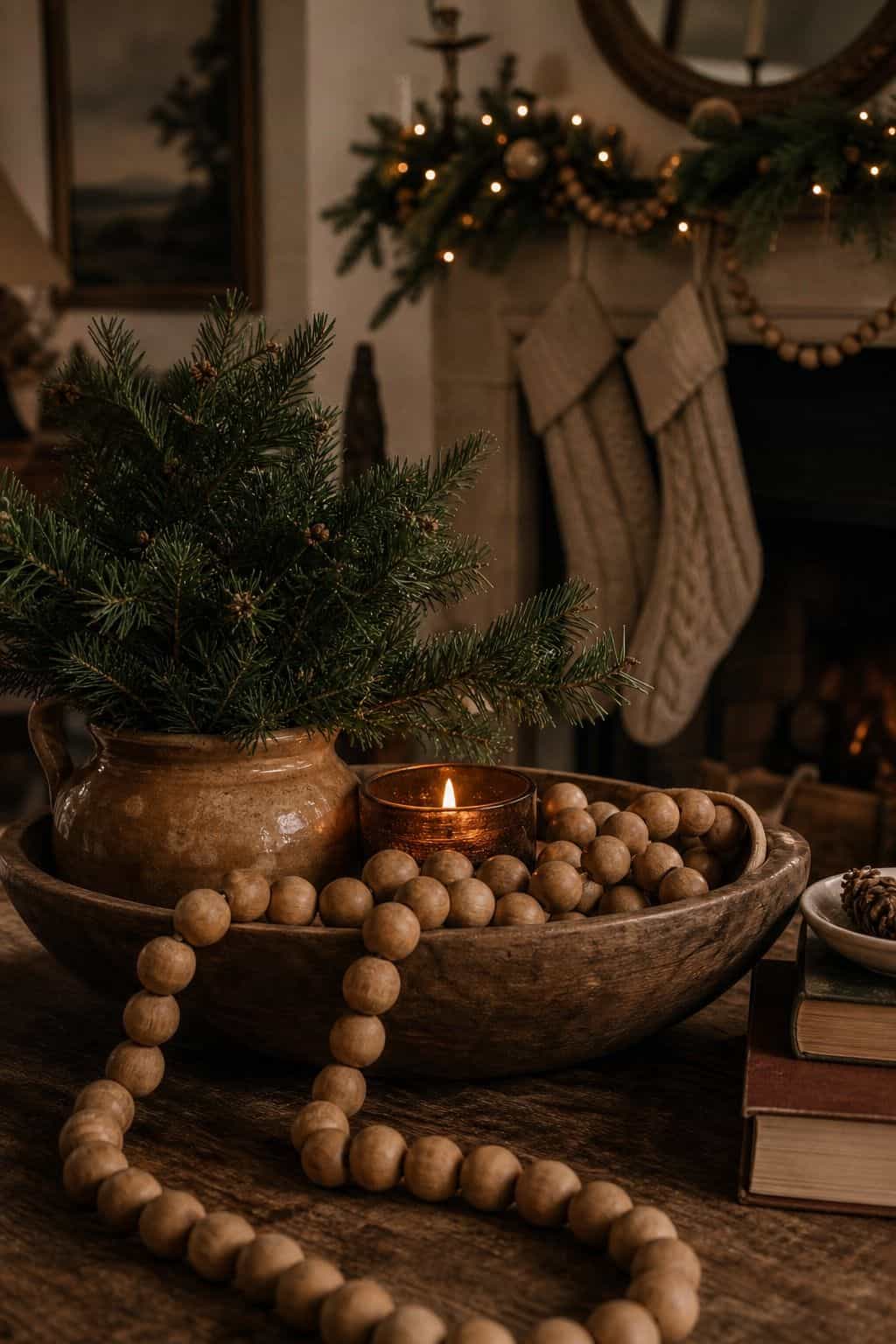 Cozy Christmas decor idea with wood bead garland in a warm holiday home.