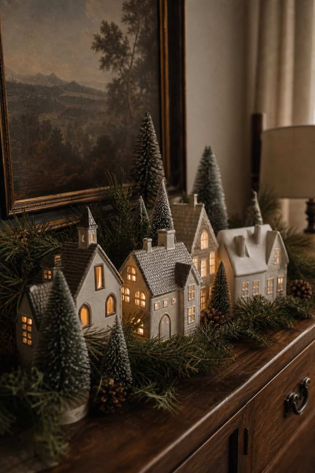 Cozy Christmas decor idea with ceramic village moment in a warm holiday home.