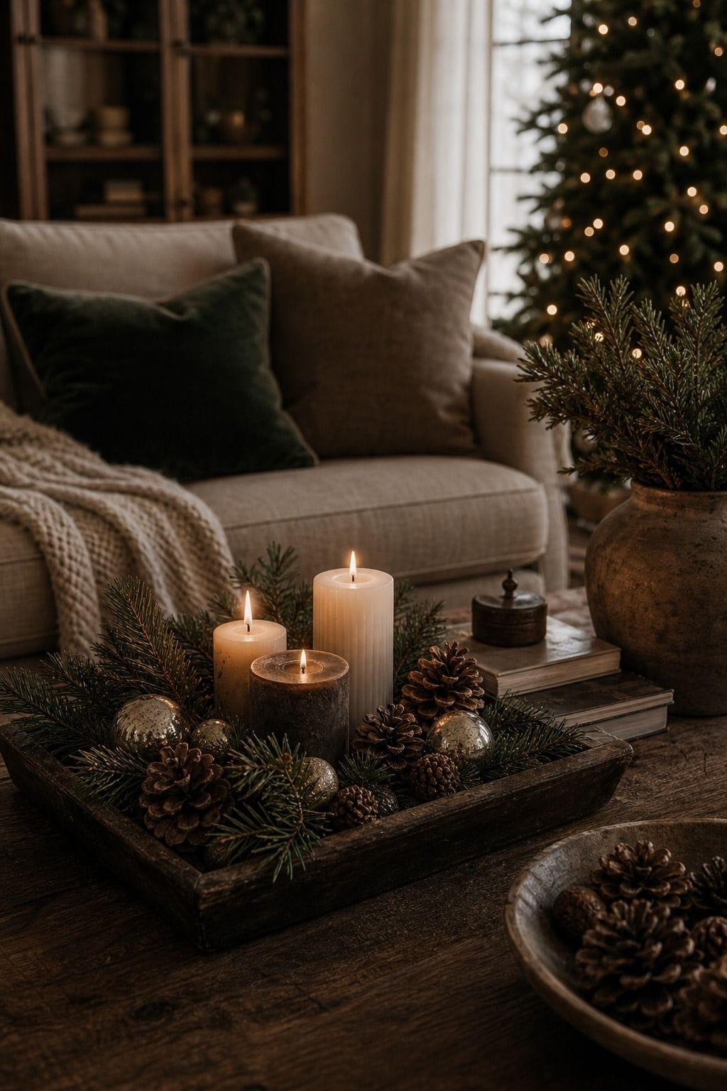 Cozy Christmas decor idea with coffee table candle tray in a warm holiday home.