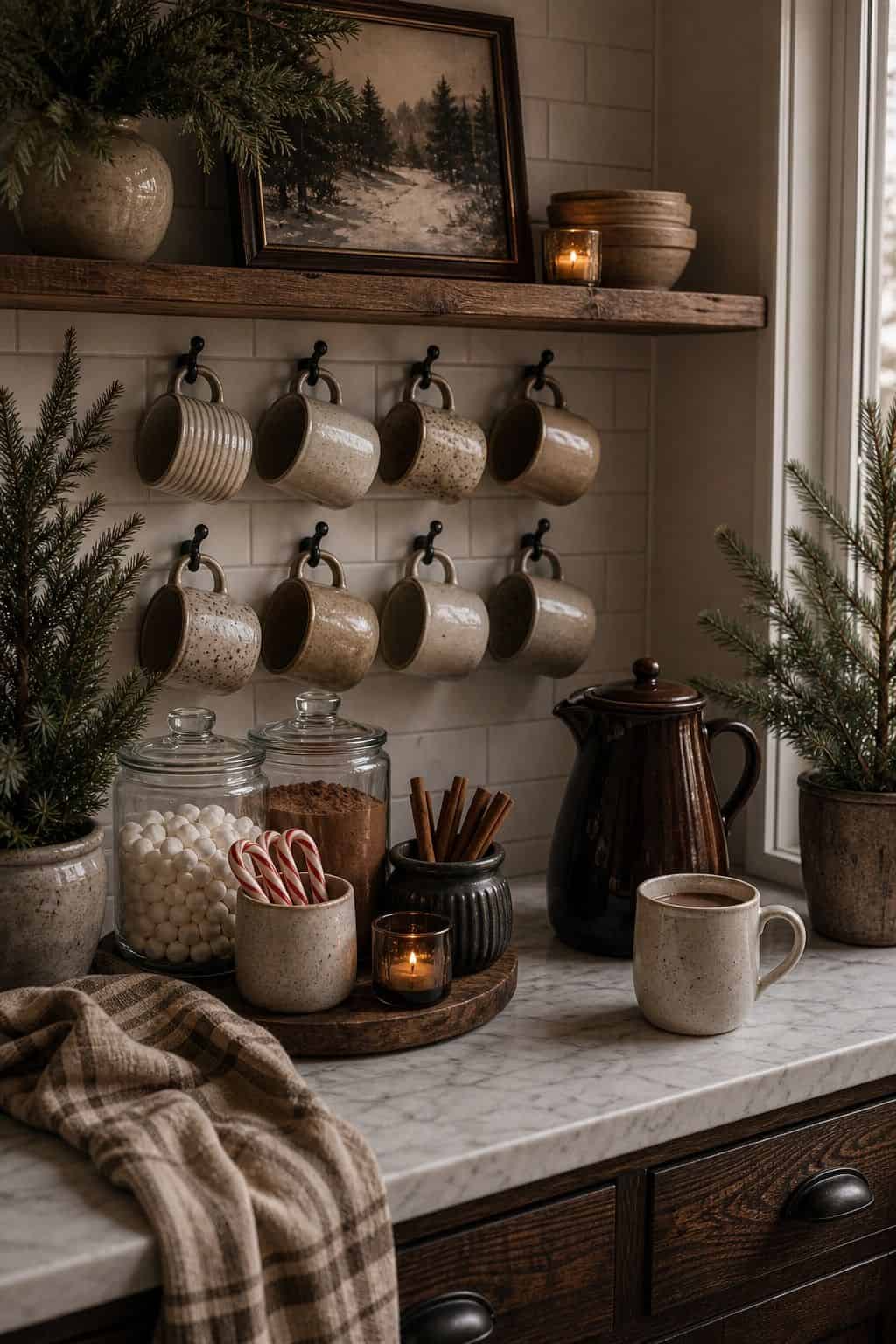 Cozy Christmas decor idea with kitchen mug station in a warm holiday home.