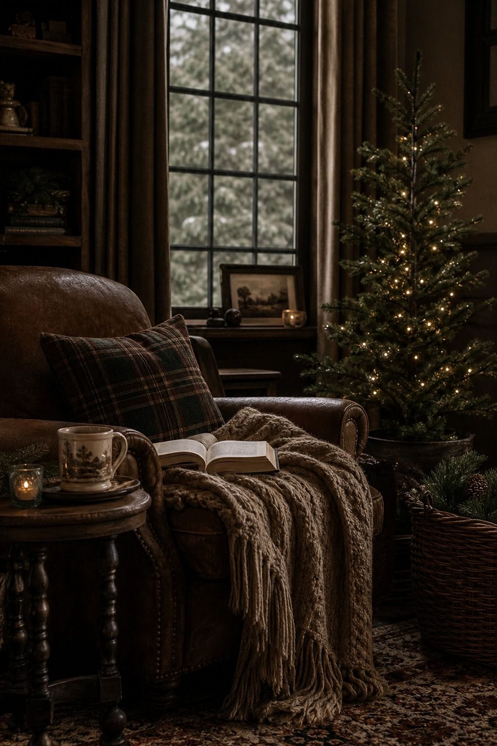 Cozy Christmas decor idea with quiet corner for reading in a warm holiday home.