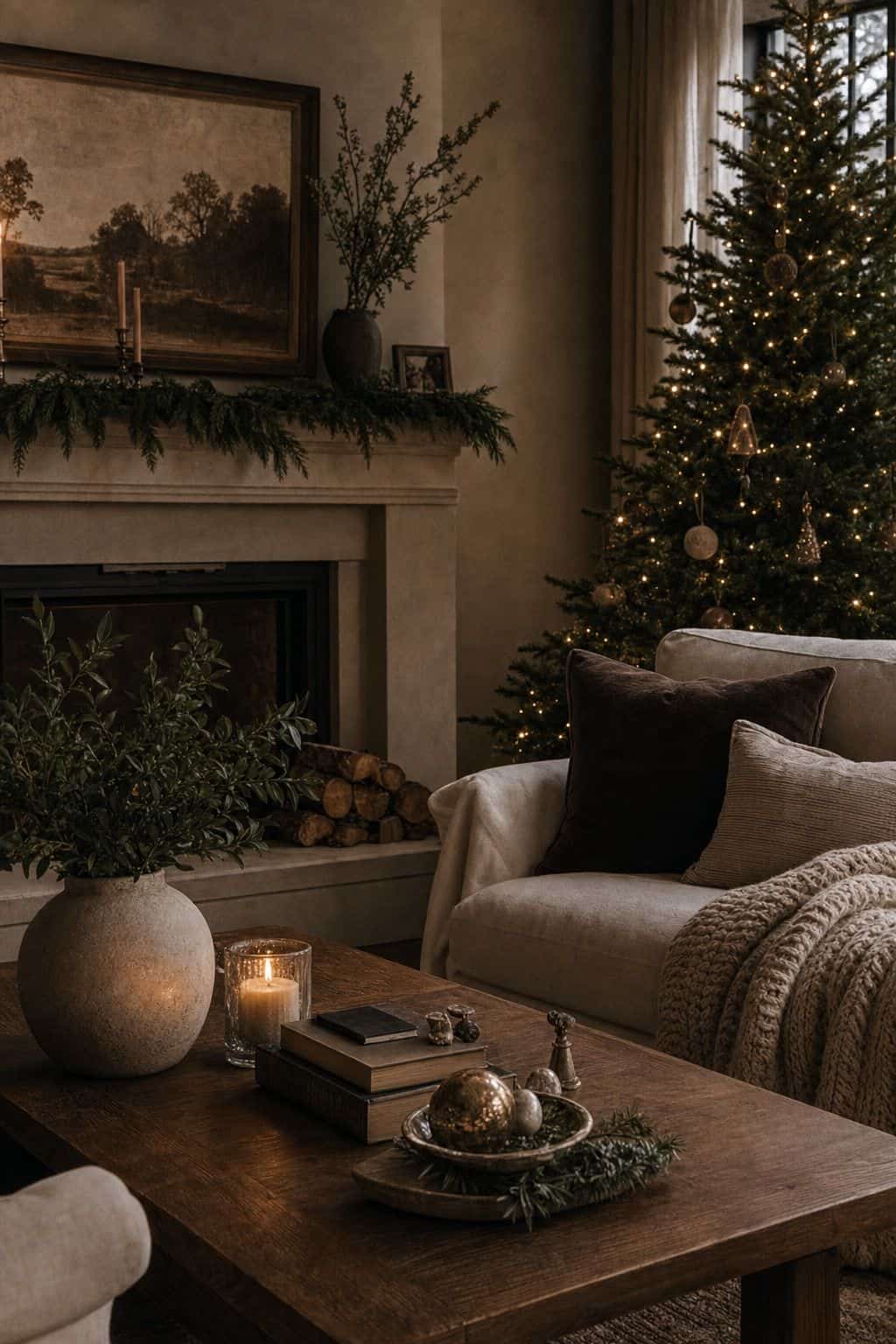 Cozy Christmas decor idea with cozy without clutter in a warm holiday home.