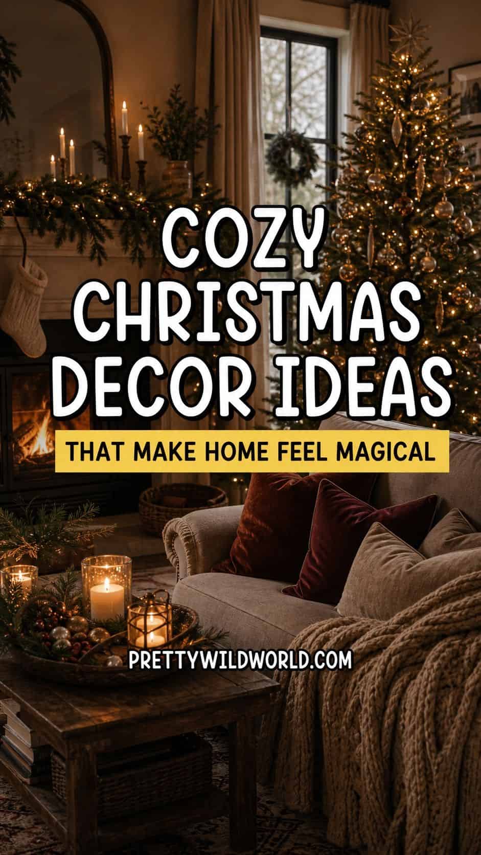 Cozy Christmas decor ideas Pinterest pin for Pretty Wild World.