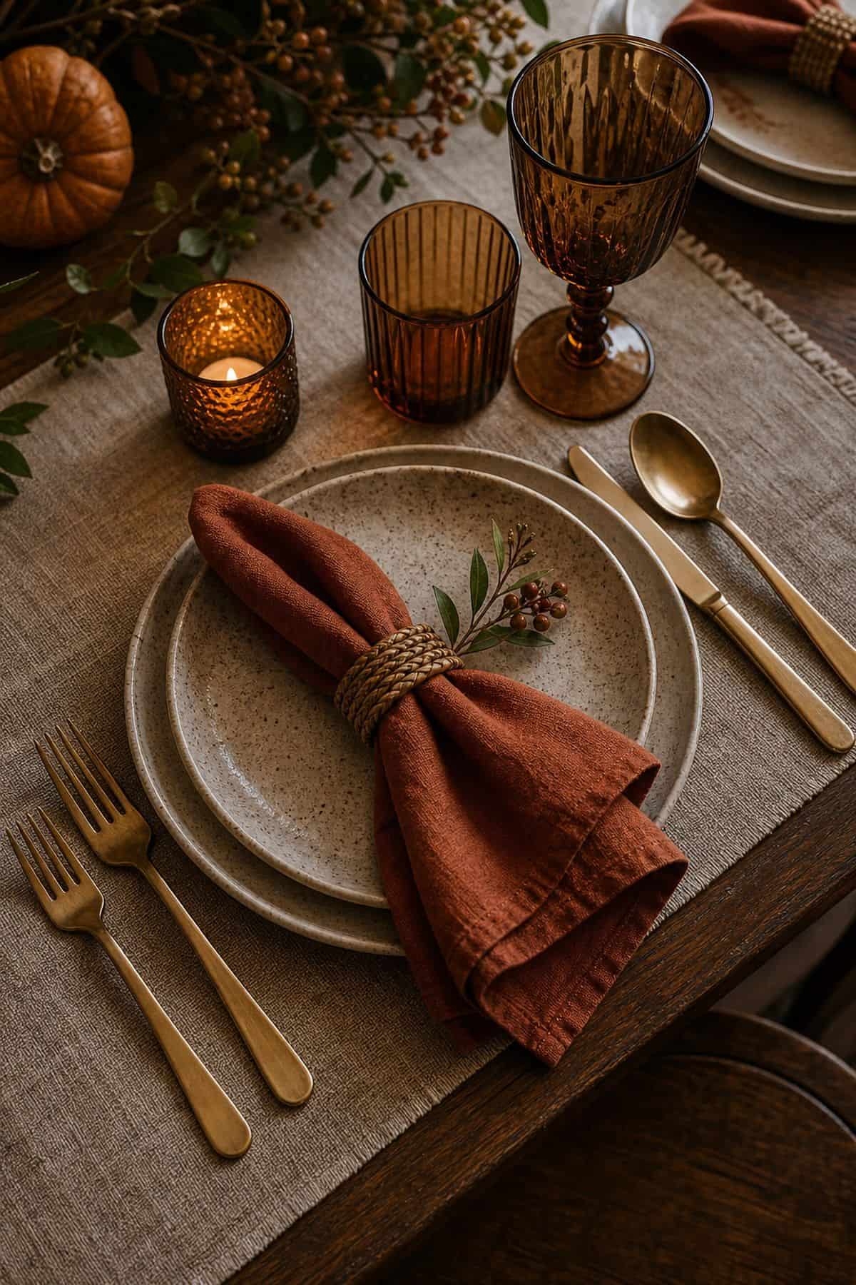 Rust cloth napkins folded at Friendsgiving place settings