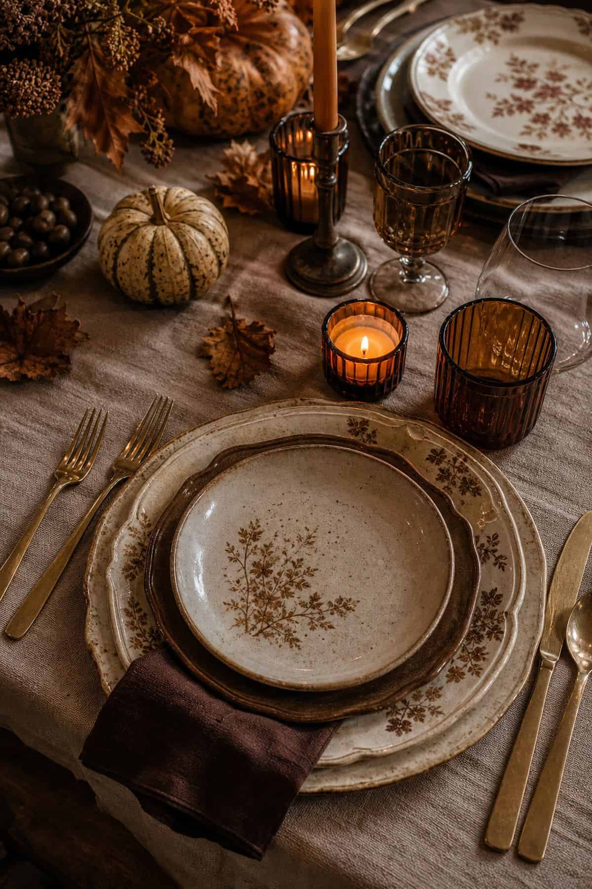 Mismatched plates layered for a Friendsgiving table setting