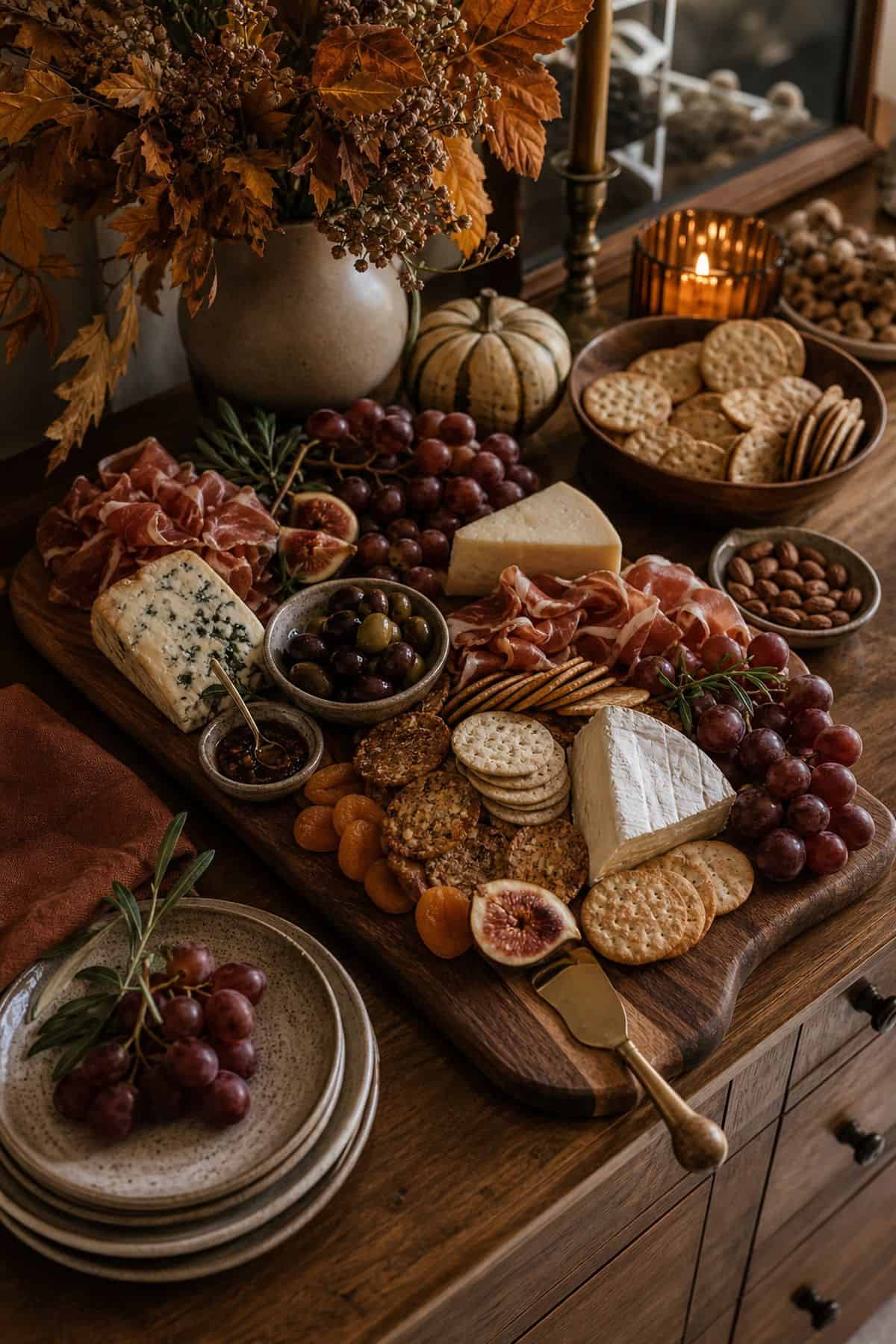 Charcuterie board landing area for Friendsgiving guests