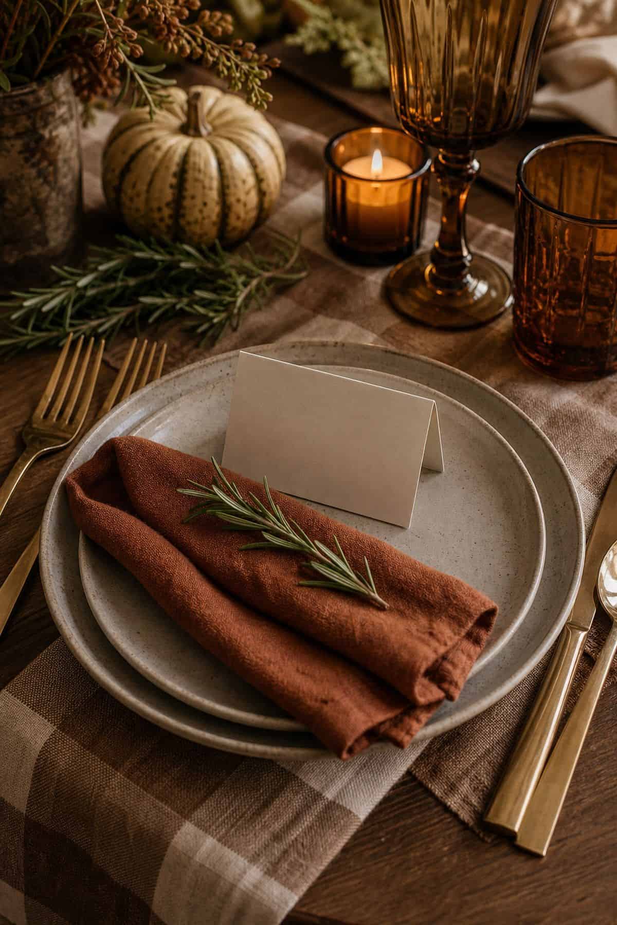 Simple blank place cards at Friendsgiving table settings