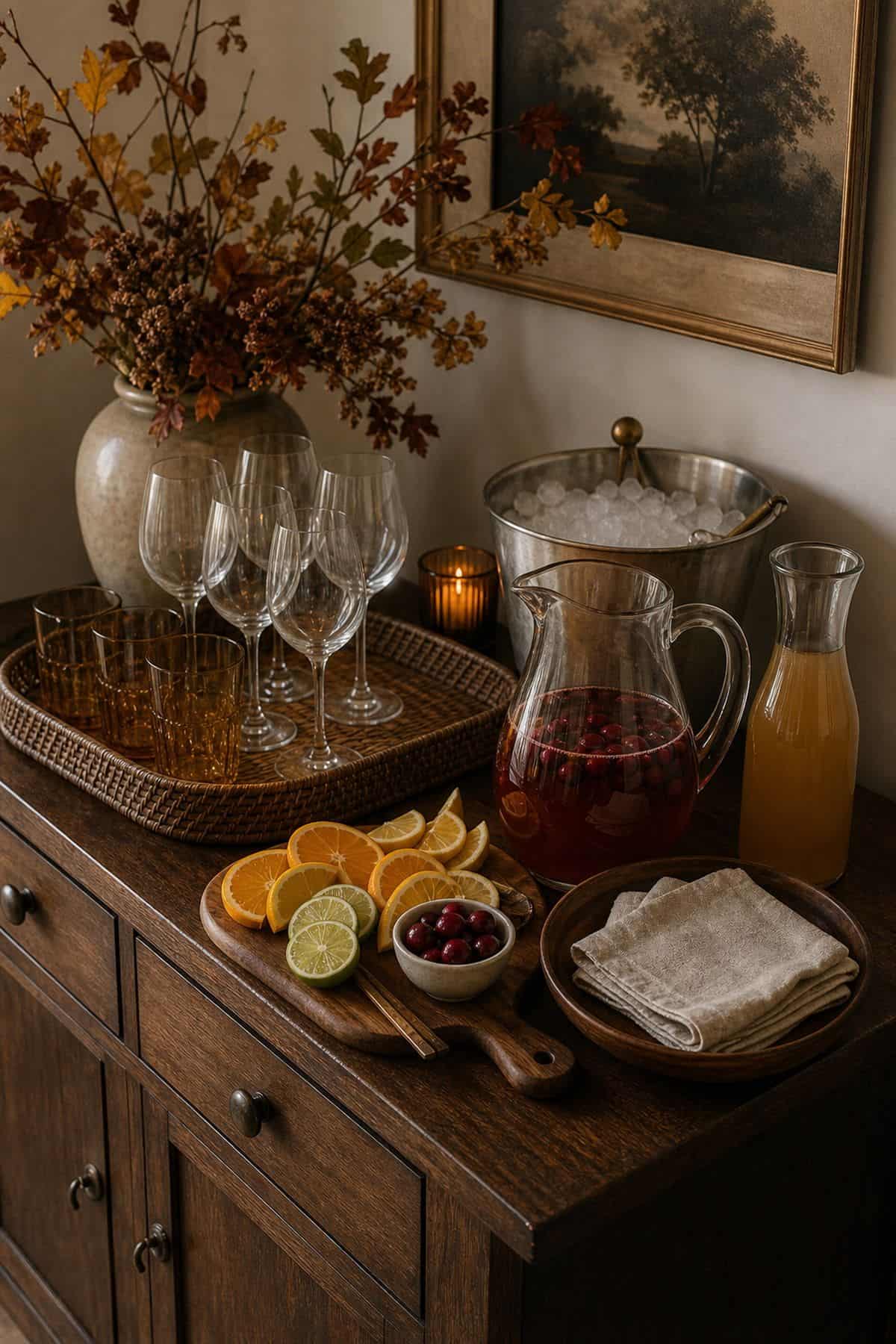 Nearby drink station styled for a Friendsgiving dinner party