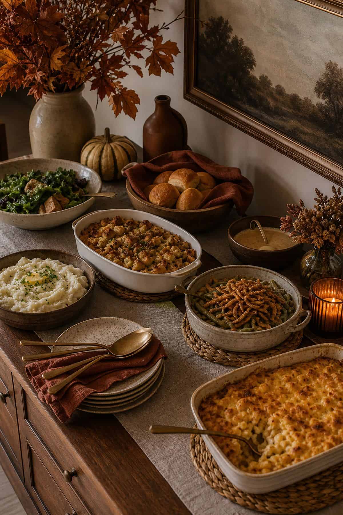 Buffet space arranged for Friendsgiving potluck dishes
