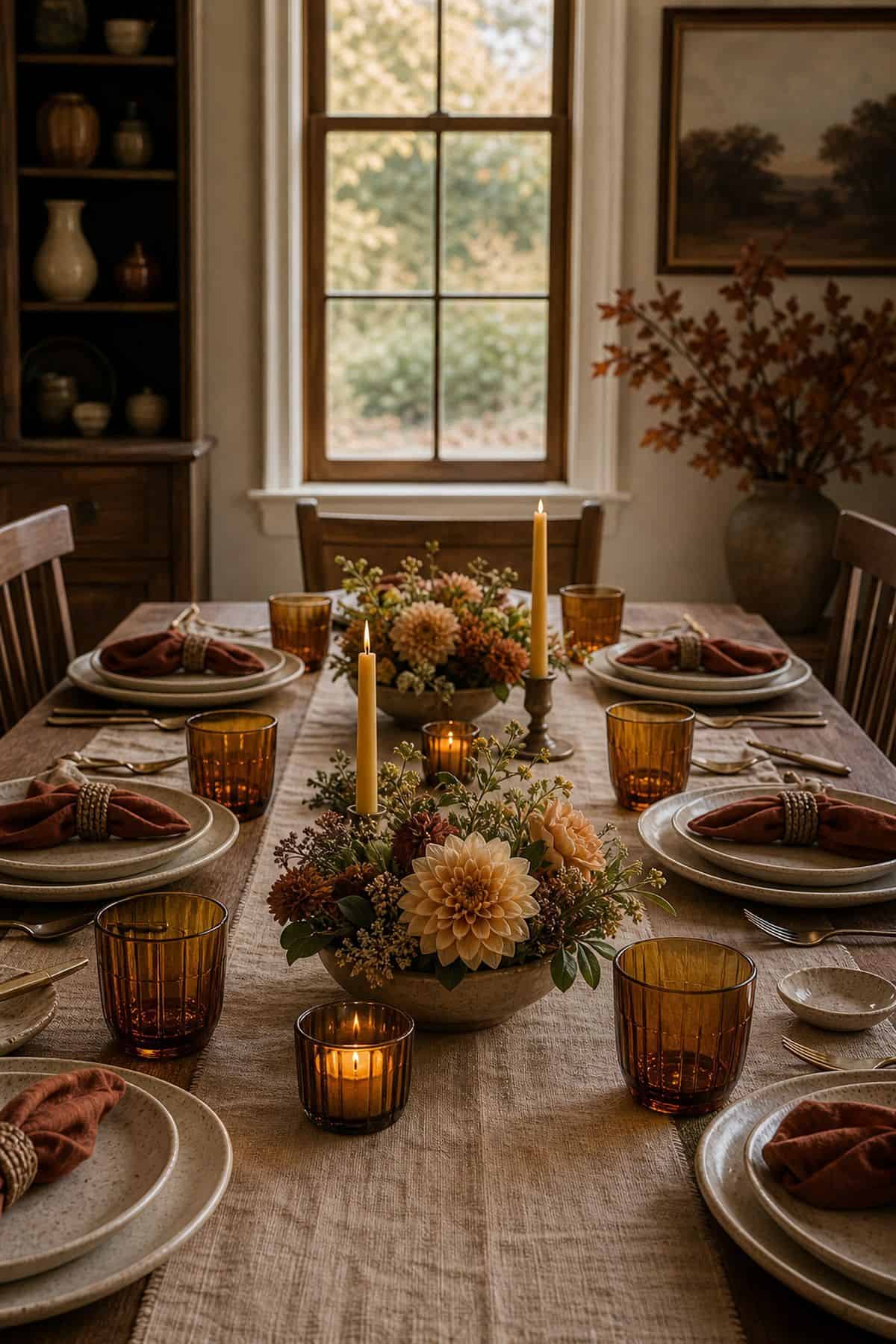 Low conversation-friendly Friendsgiving table decor