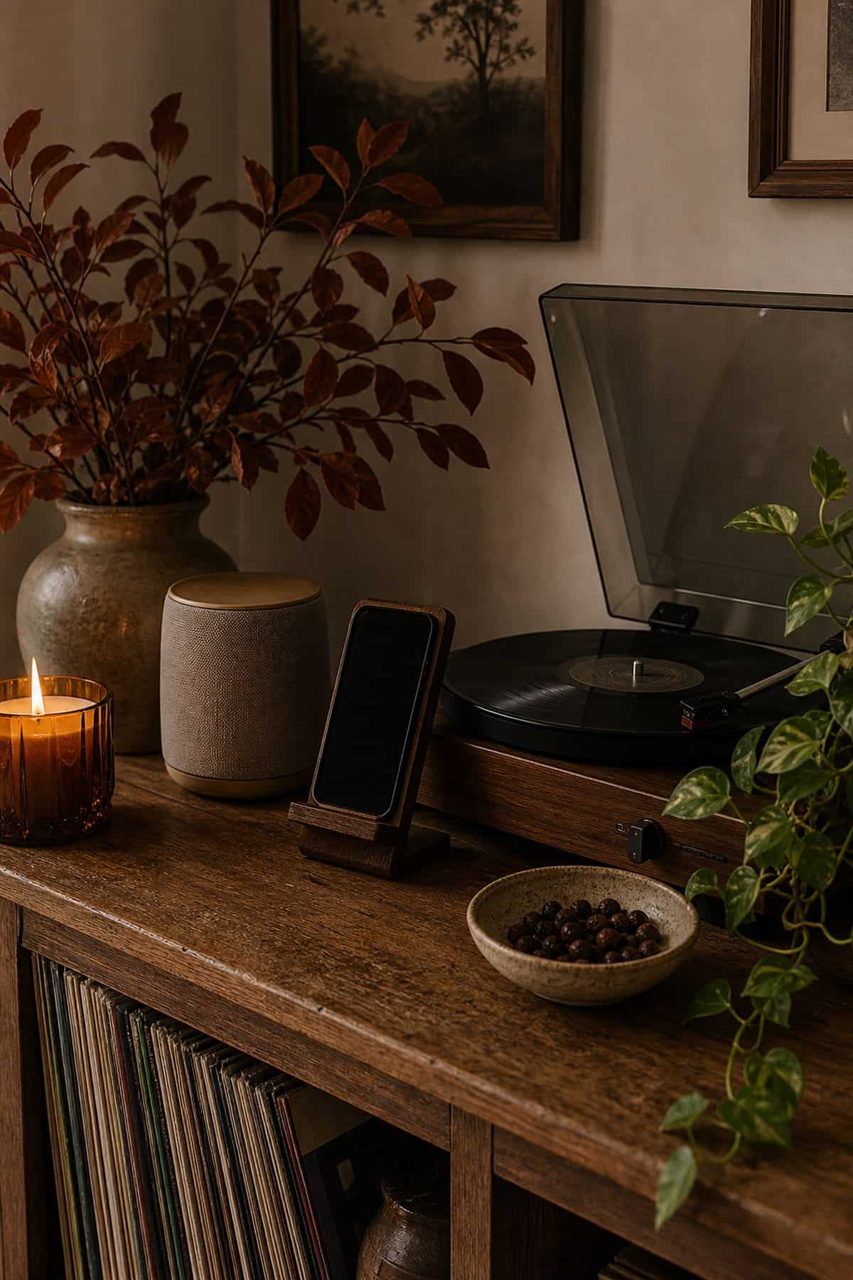 Cozy playlist corner near a Friendsgiving dinner party