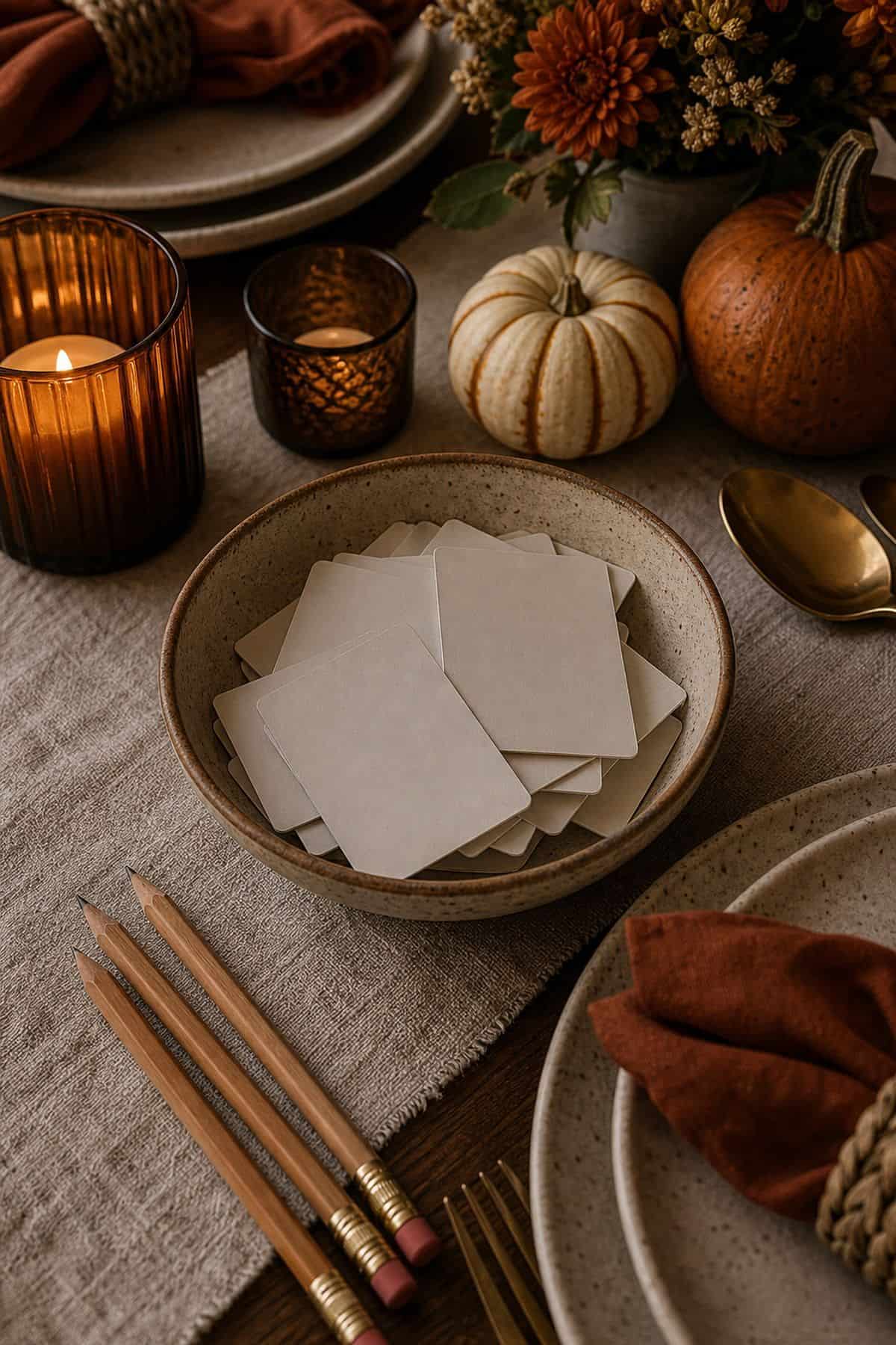 Bowl of blank memory cards for Friendsgiving guests