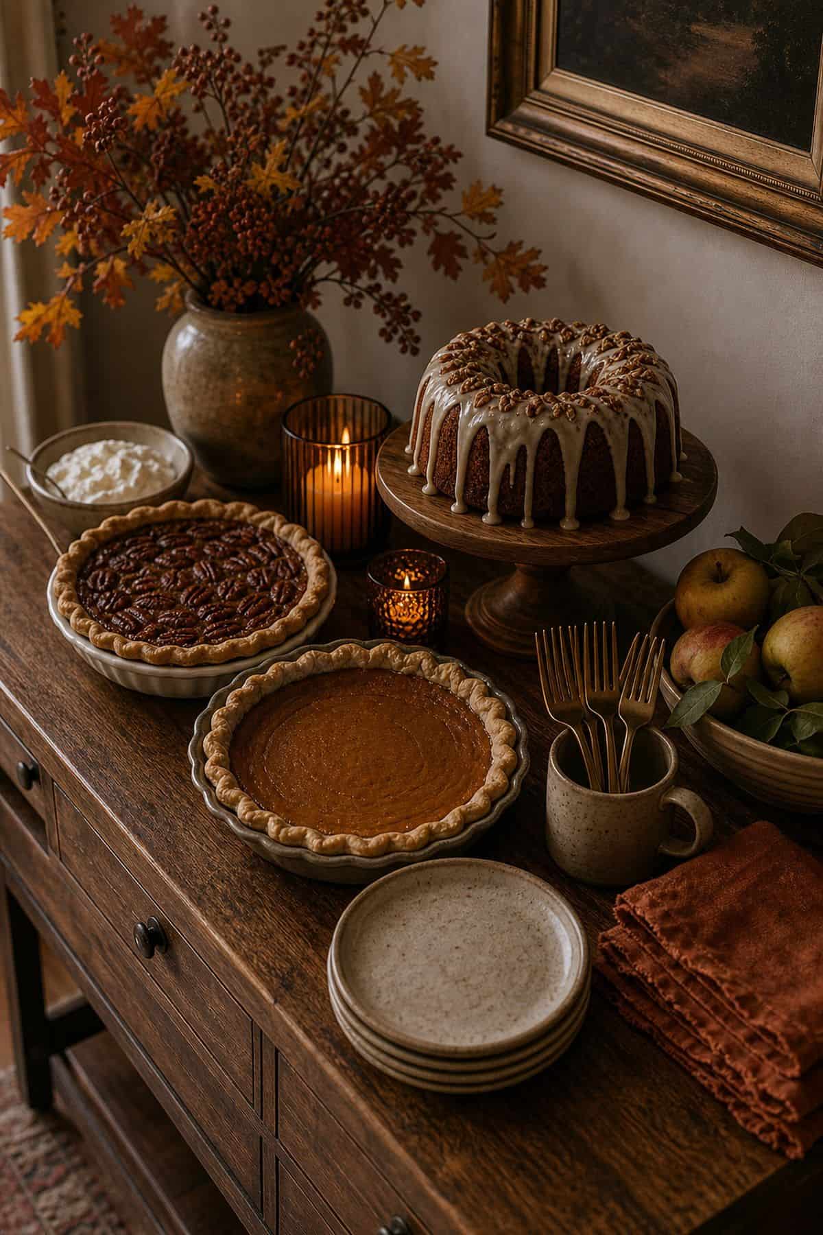 Dessert table staged for later at Friendsgiving