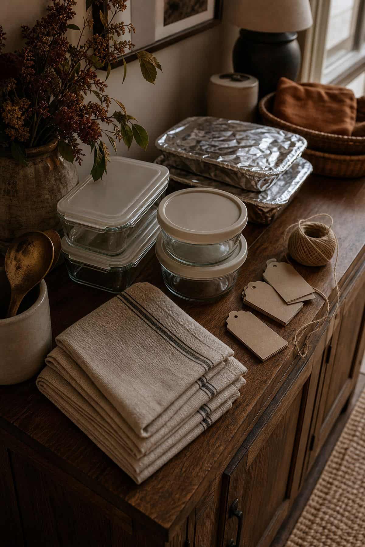 Leftover container zone prepared for Friendsgiving guests