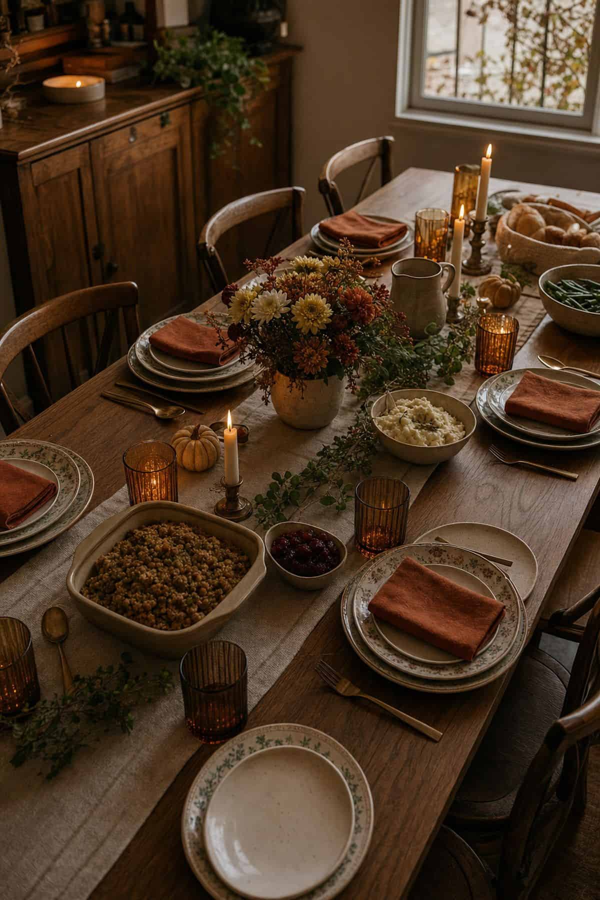 Warm lived-in Friendsgiving dinner table ready for friends