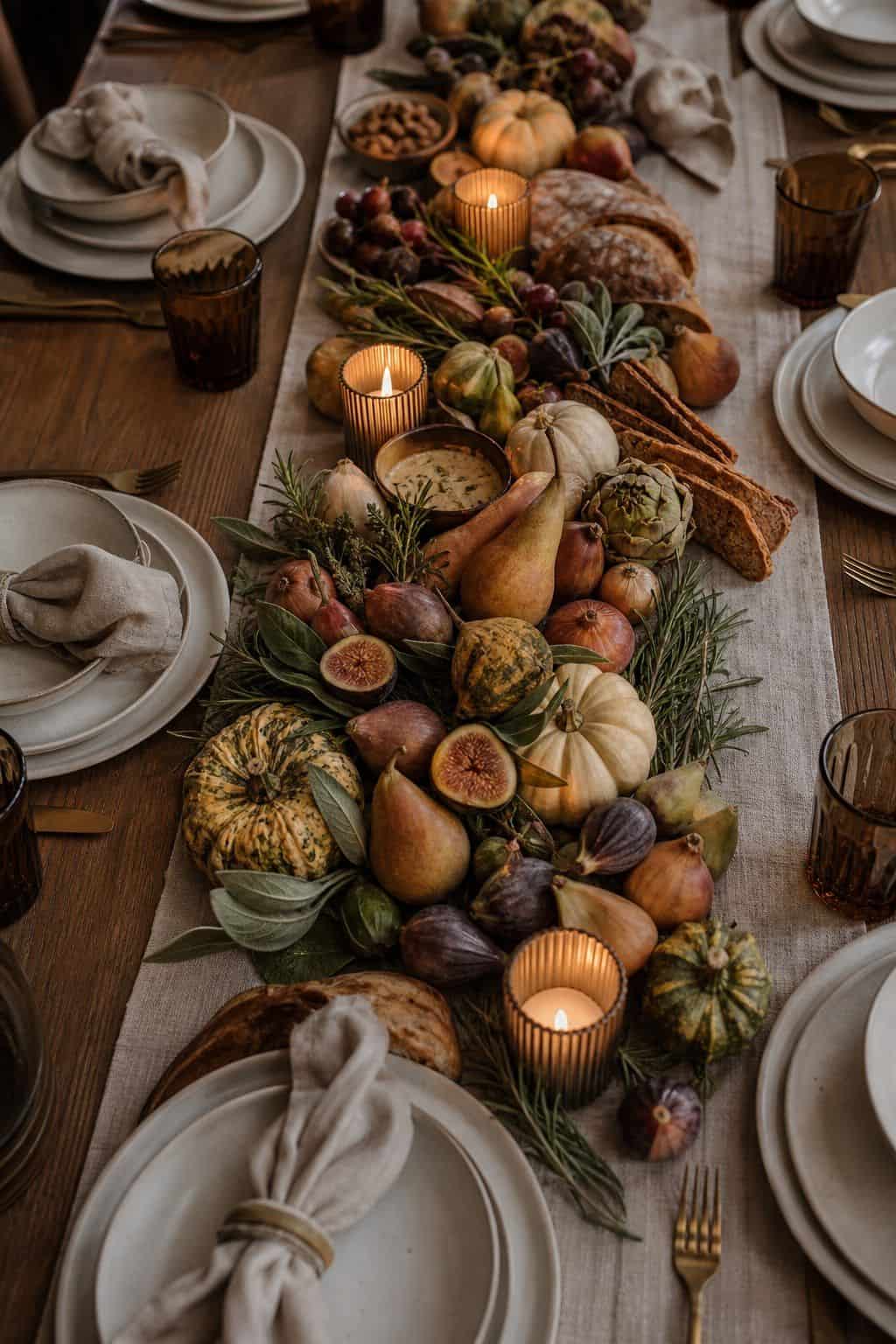 Low Friendsgiving centerpiece with fruit, herbs, and candles.