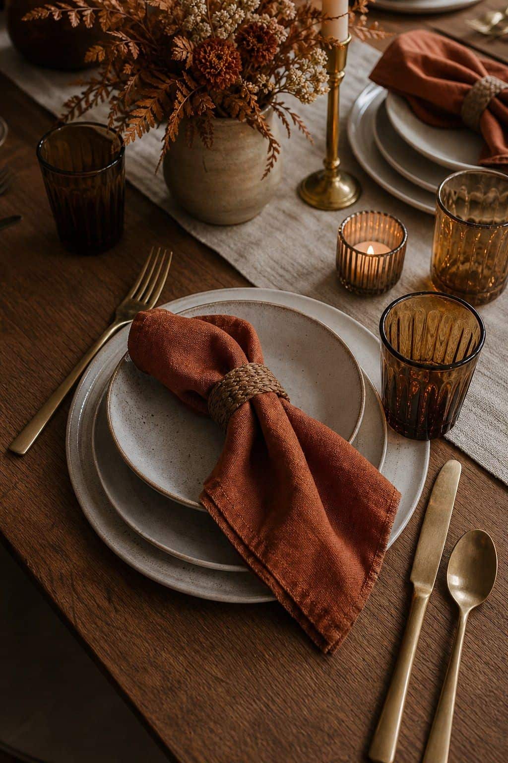Rust colored cloth napkins tying together a Friendsgiving table palette.