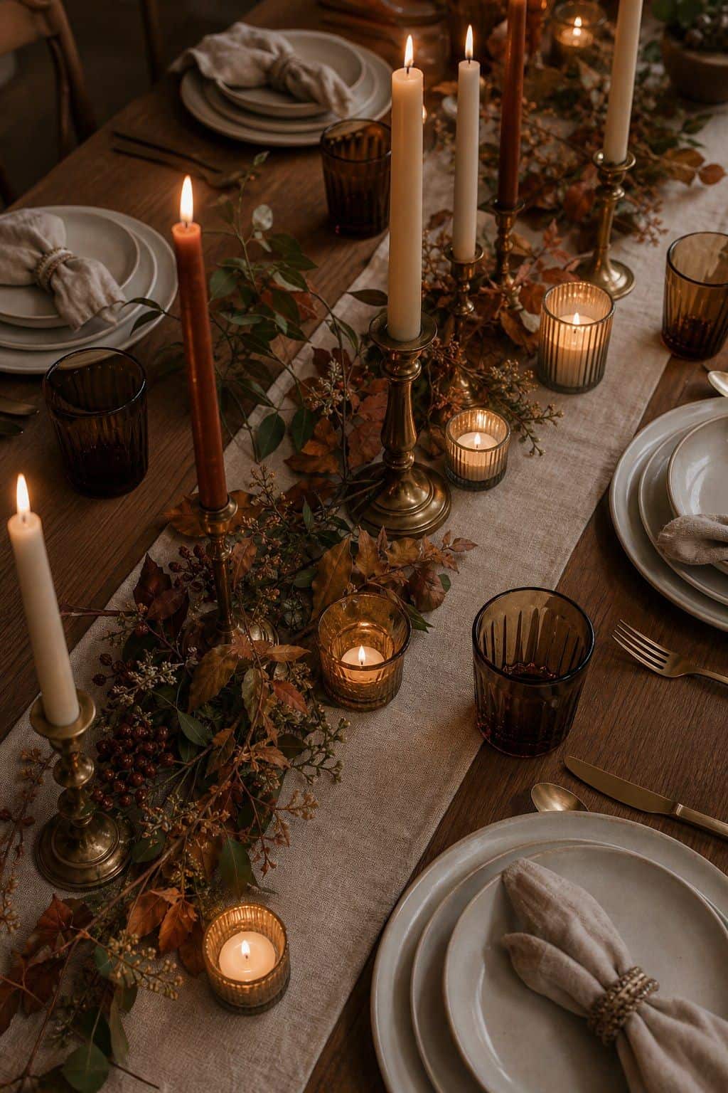 Friendsgiving table glowing with taper candles and tea lights.