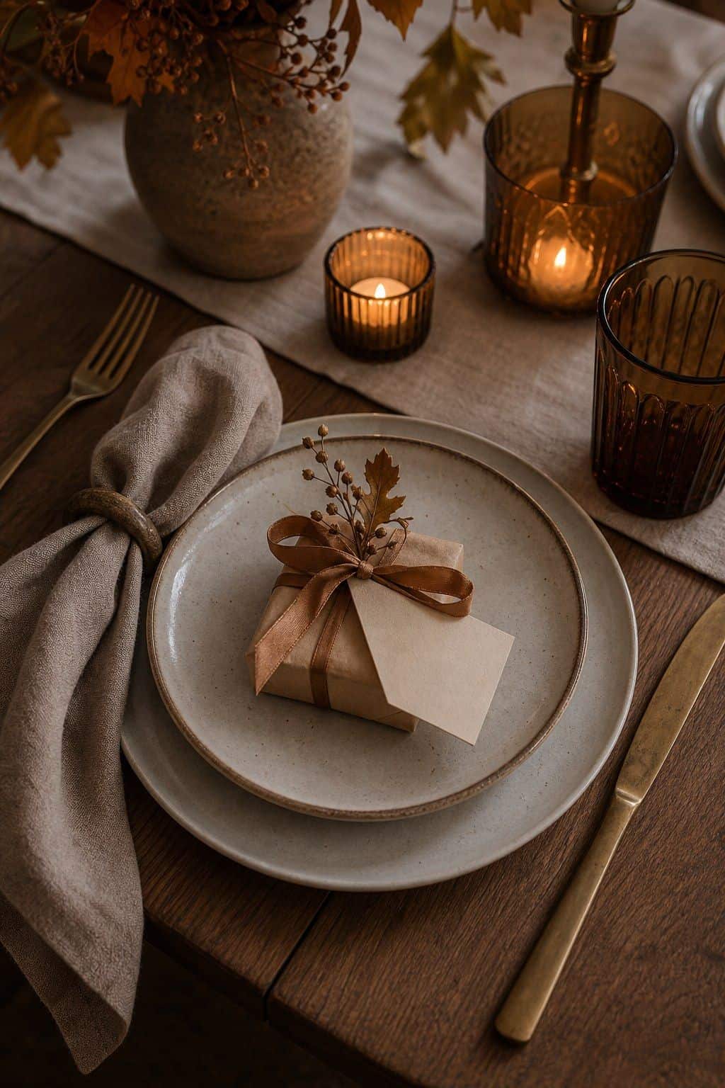 Small wrapped gift style place cards on a Friendsgiving plate.
