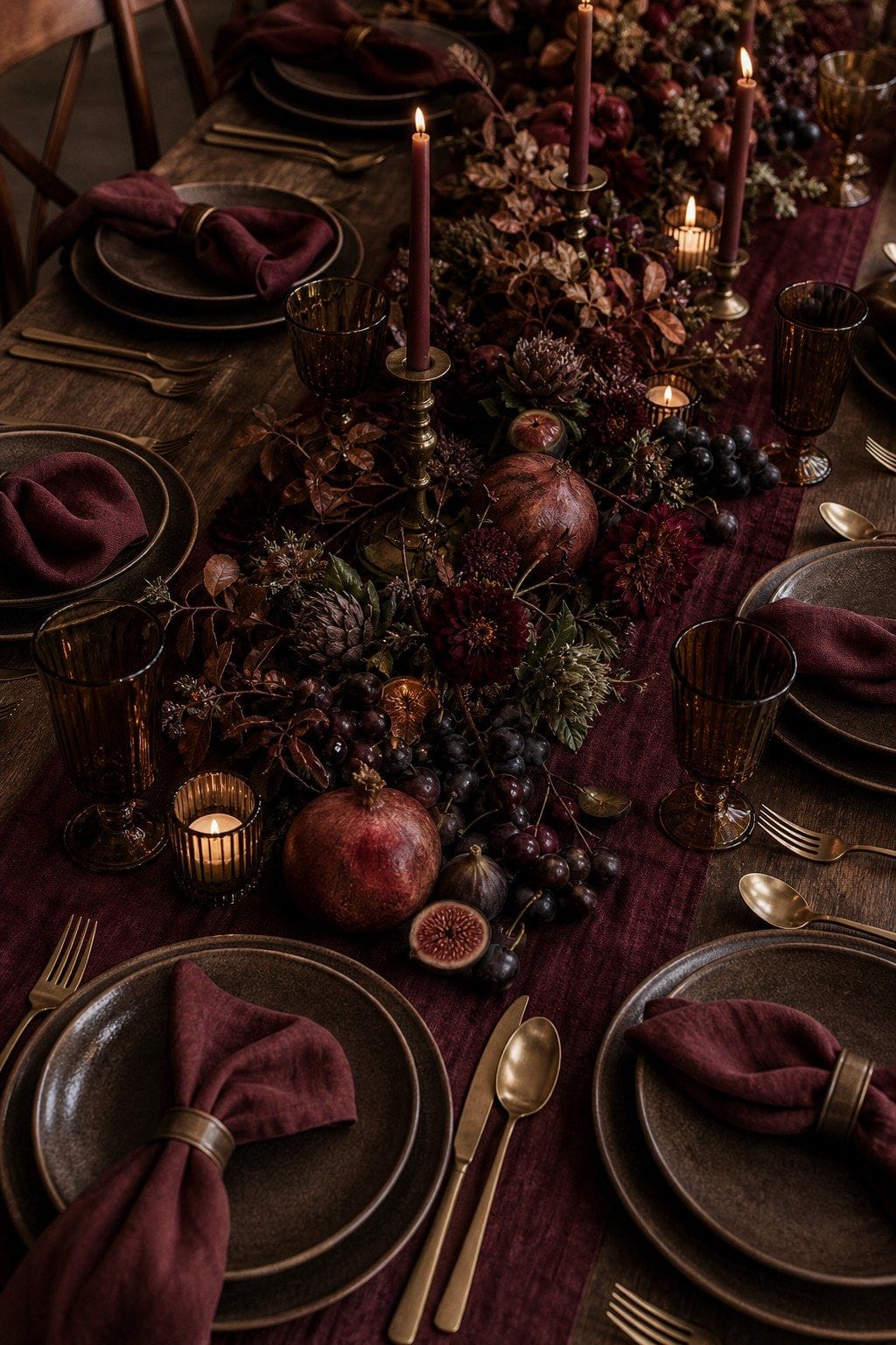Moody burgundy and brown Friendsgiving table with candles.