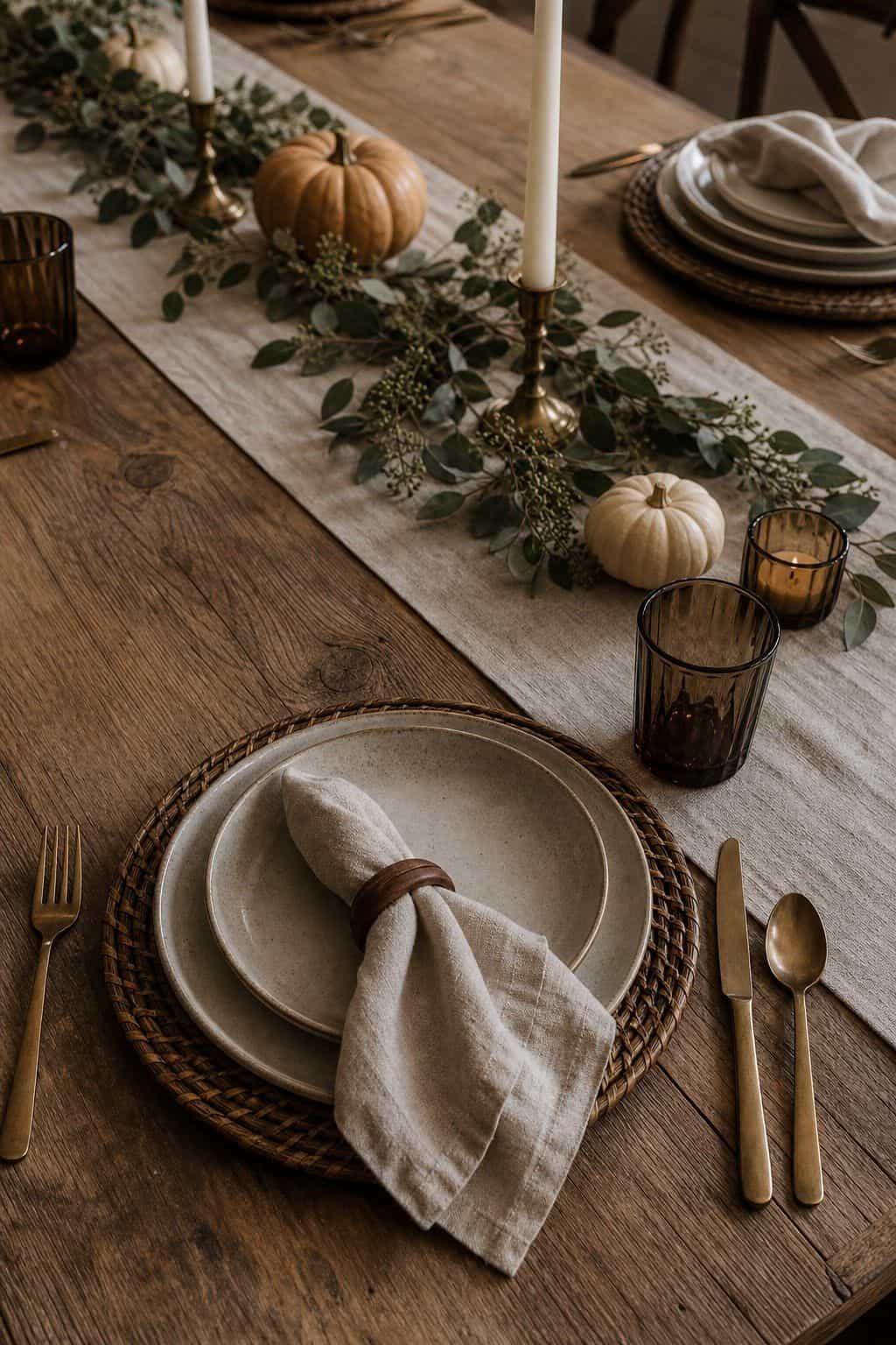 Clean rustic Friendsgiving table with simple natural materials.