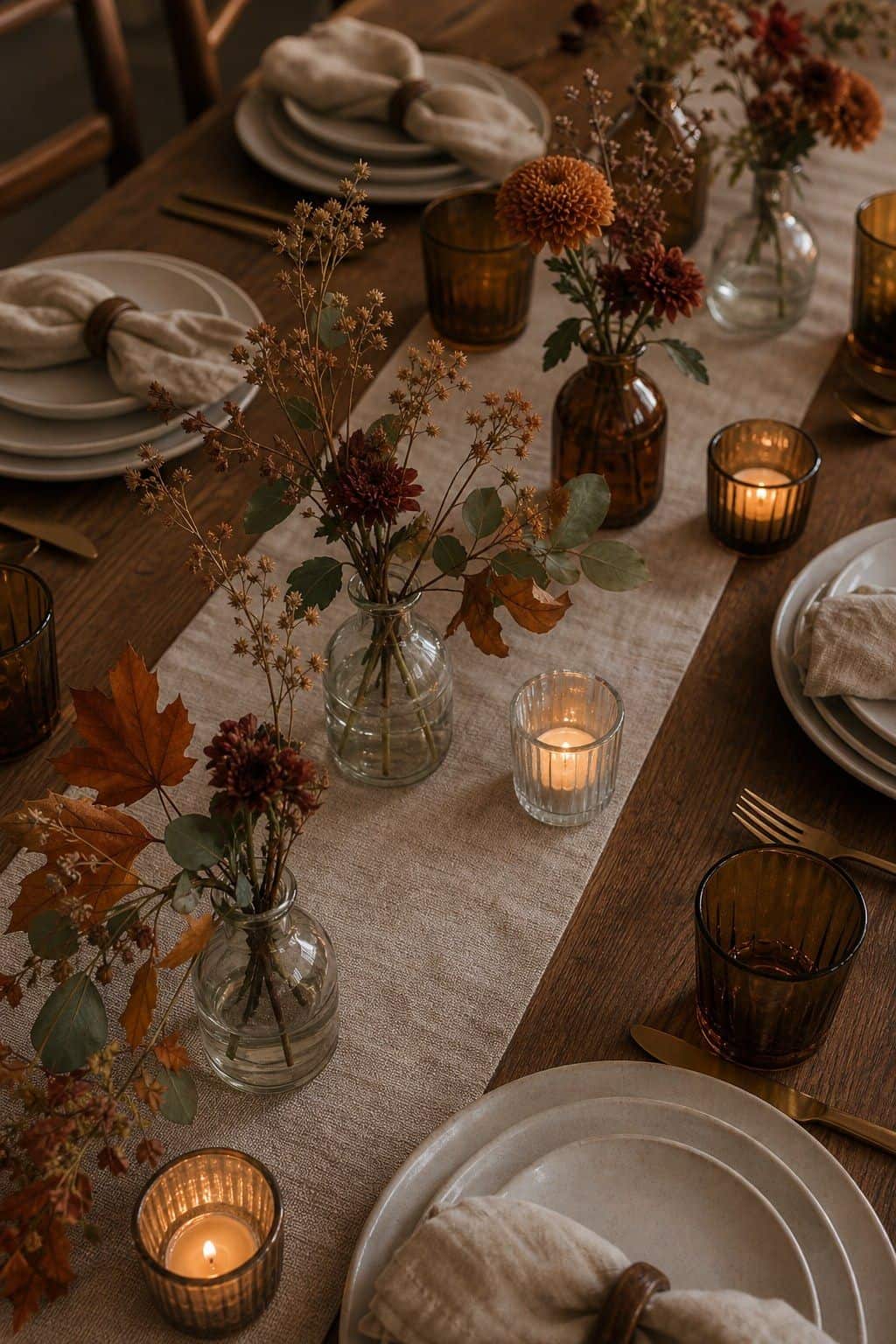 Bud vases spaced along a Friendsgiving table instead of one large arrangement.