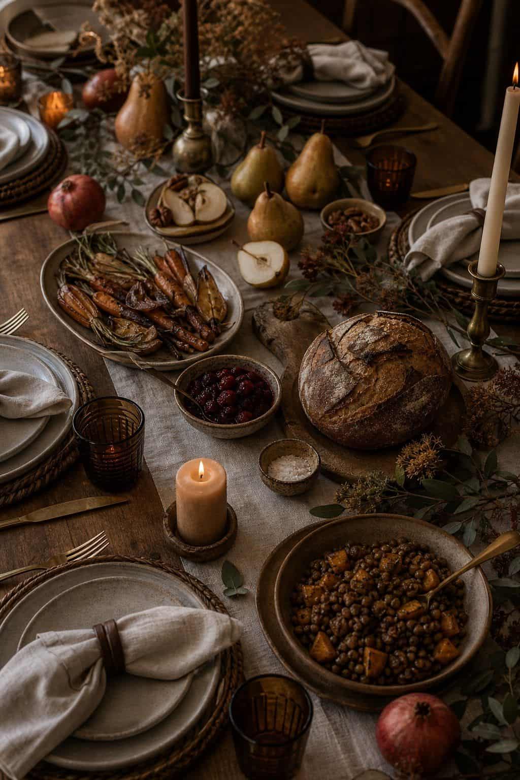Friendsgiving table using bread, fruit, and serving dishes as decor.